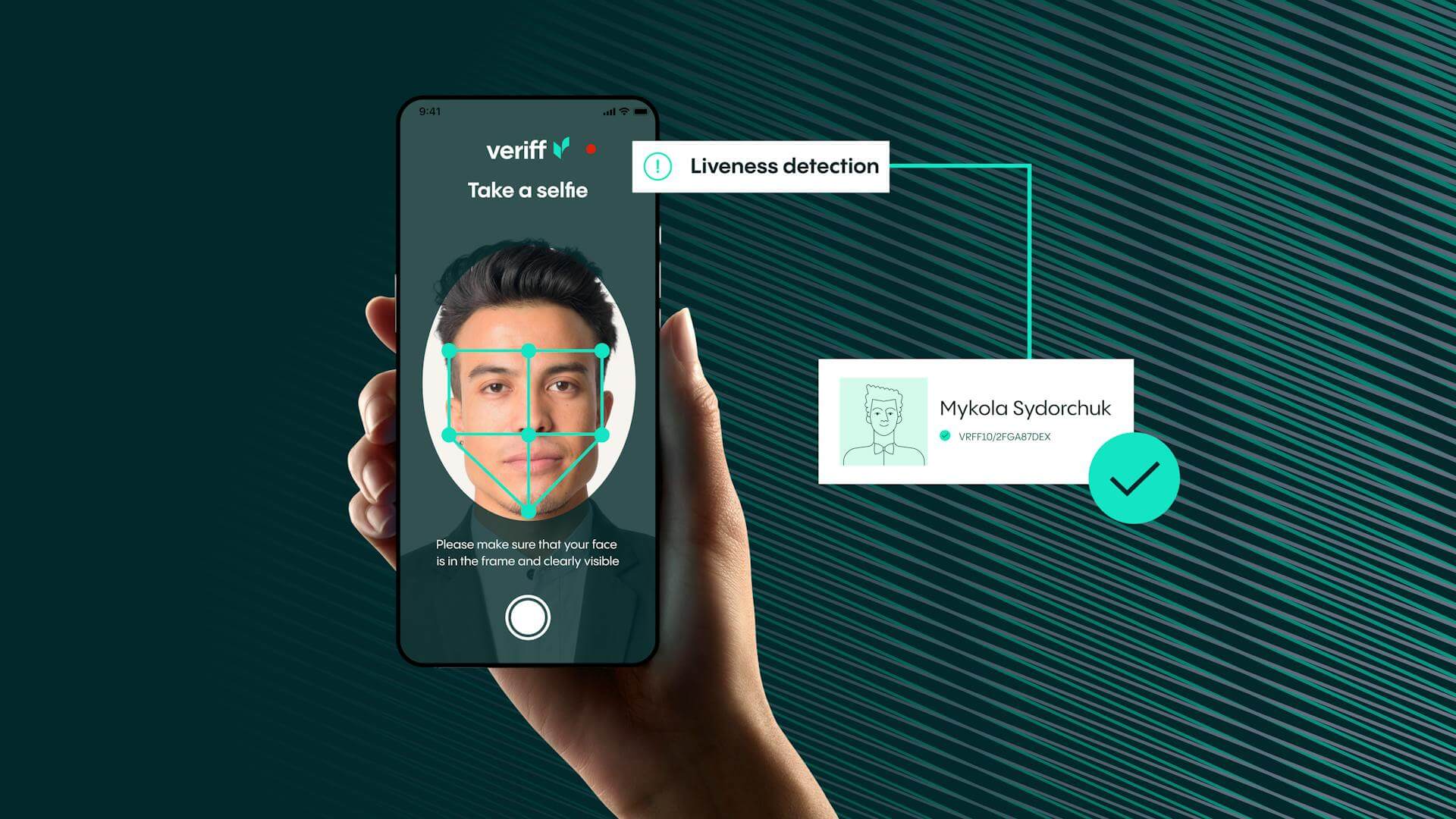 Hand holding a smartphone showing a selfie guide with face scan points and liveliness detection panel