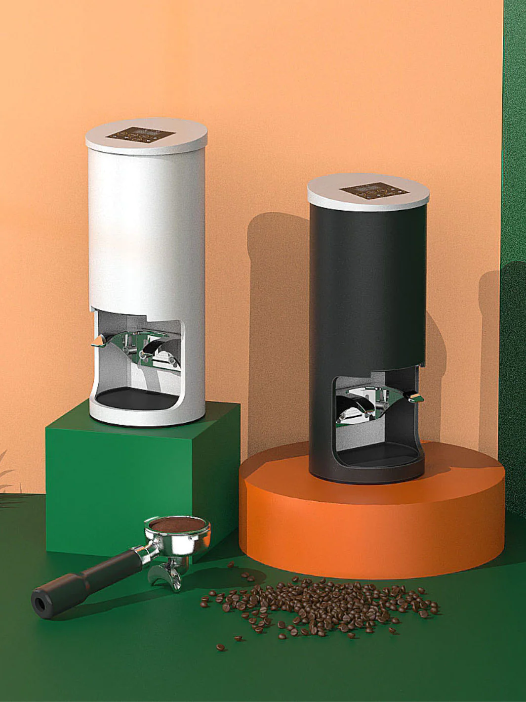 Cinoart PT2 white and black automatic tamper against orange background