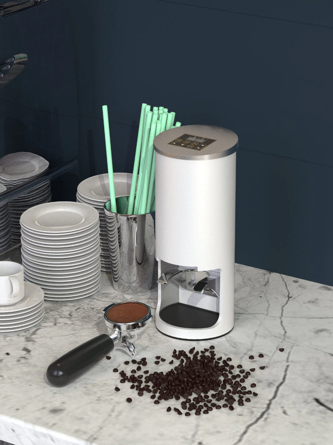 PT2 white automatic coffee tamper showcased on café counter bar