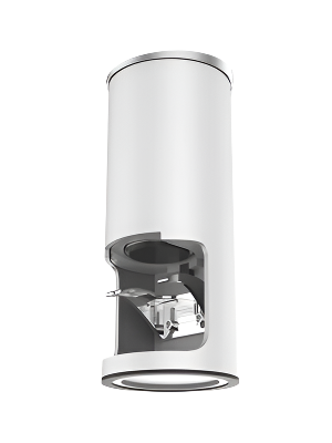Bottom view of PT2 white automatic coffee tamper with tamper base detail