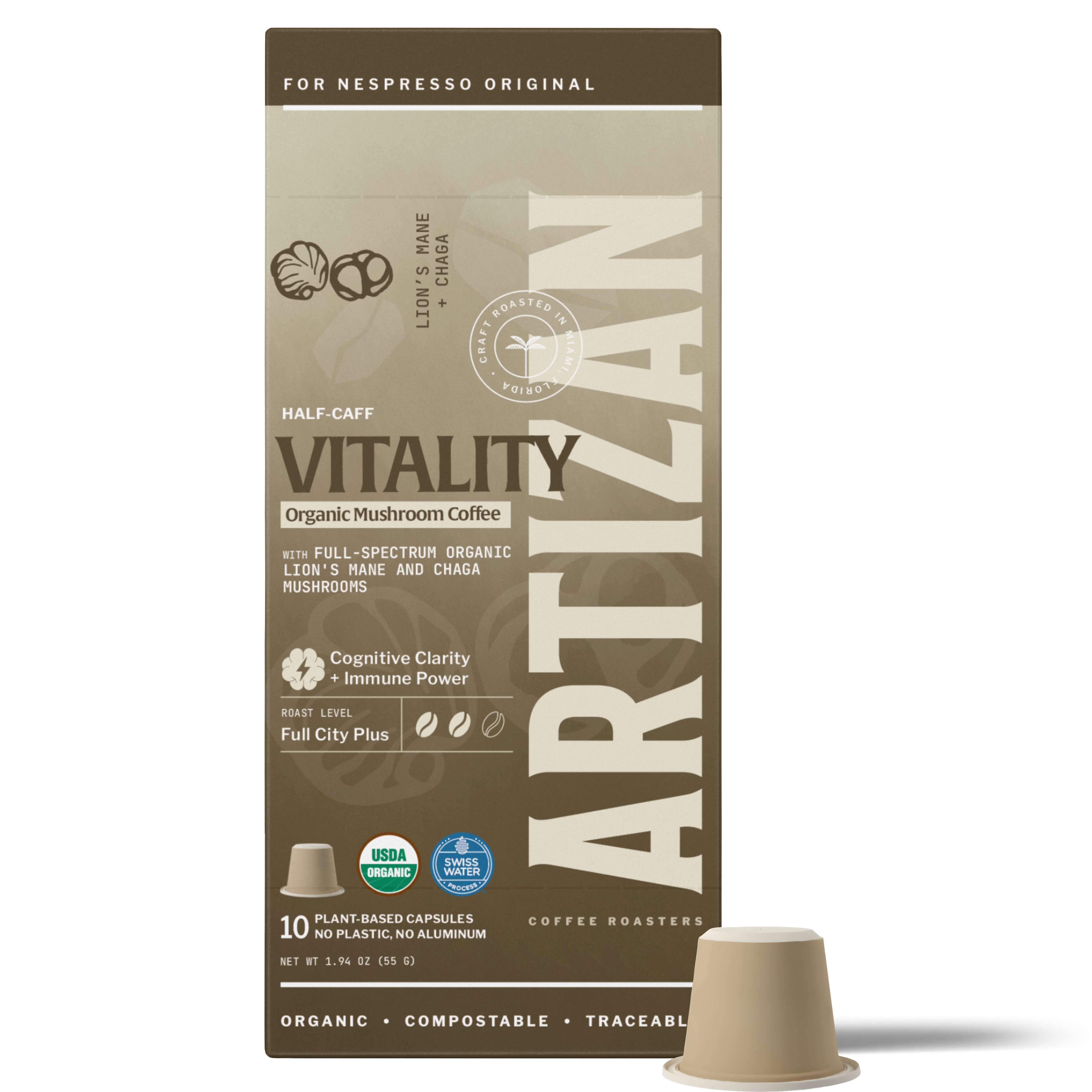 Front Image of Organic Lion's Mane and Chaga Mushroom Coffee Fusion in Home Compostable Capsules for Nespresso Original Machines.