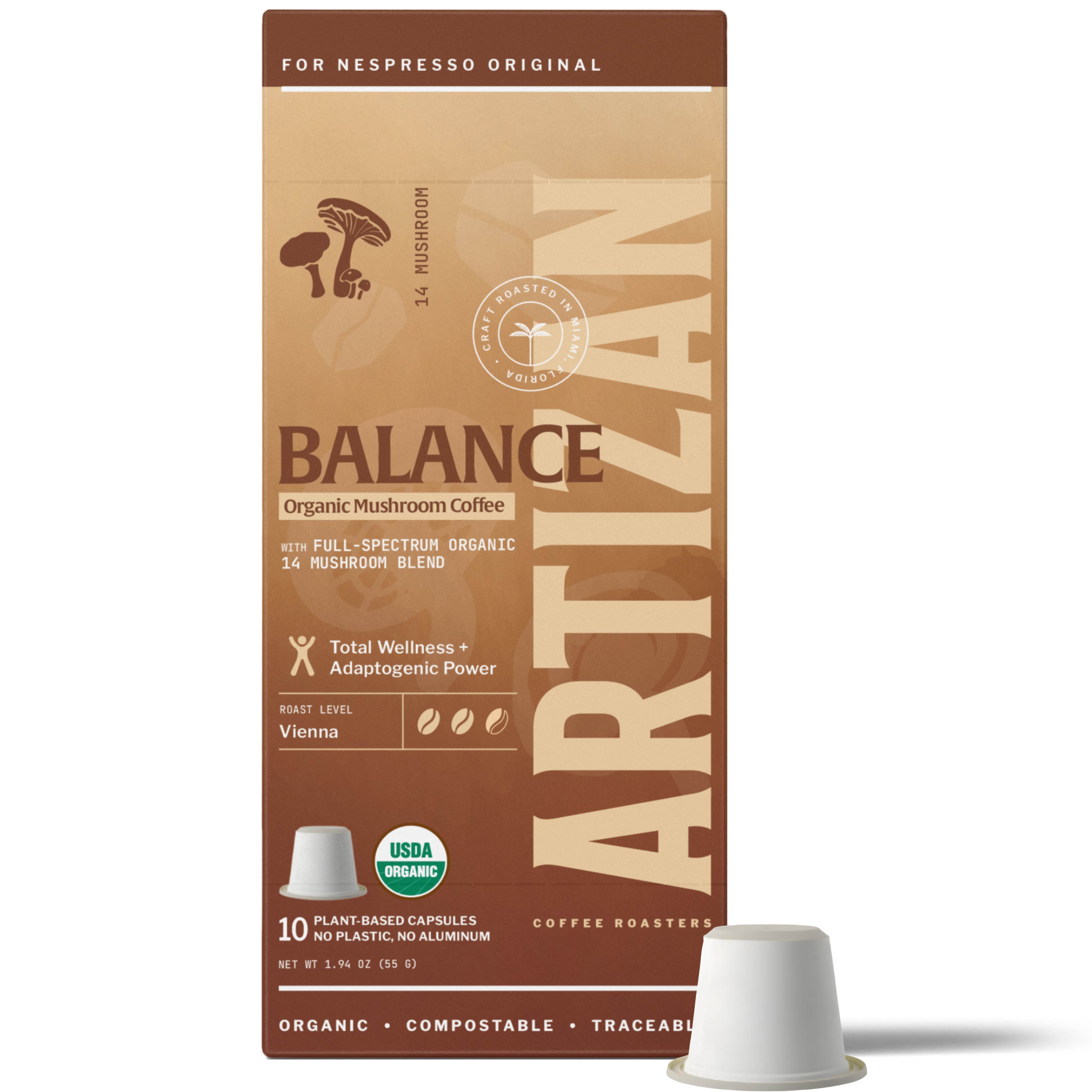 Organic Mushroom 14 Nespresso Capsules for Original Machines - Home Compostable Pods - Main Product Image
