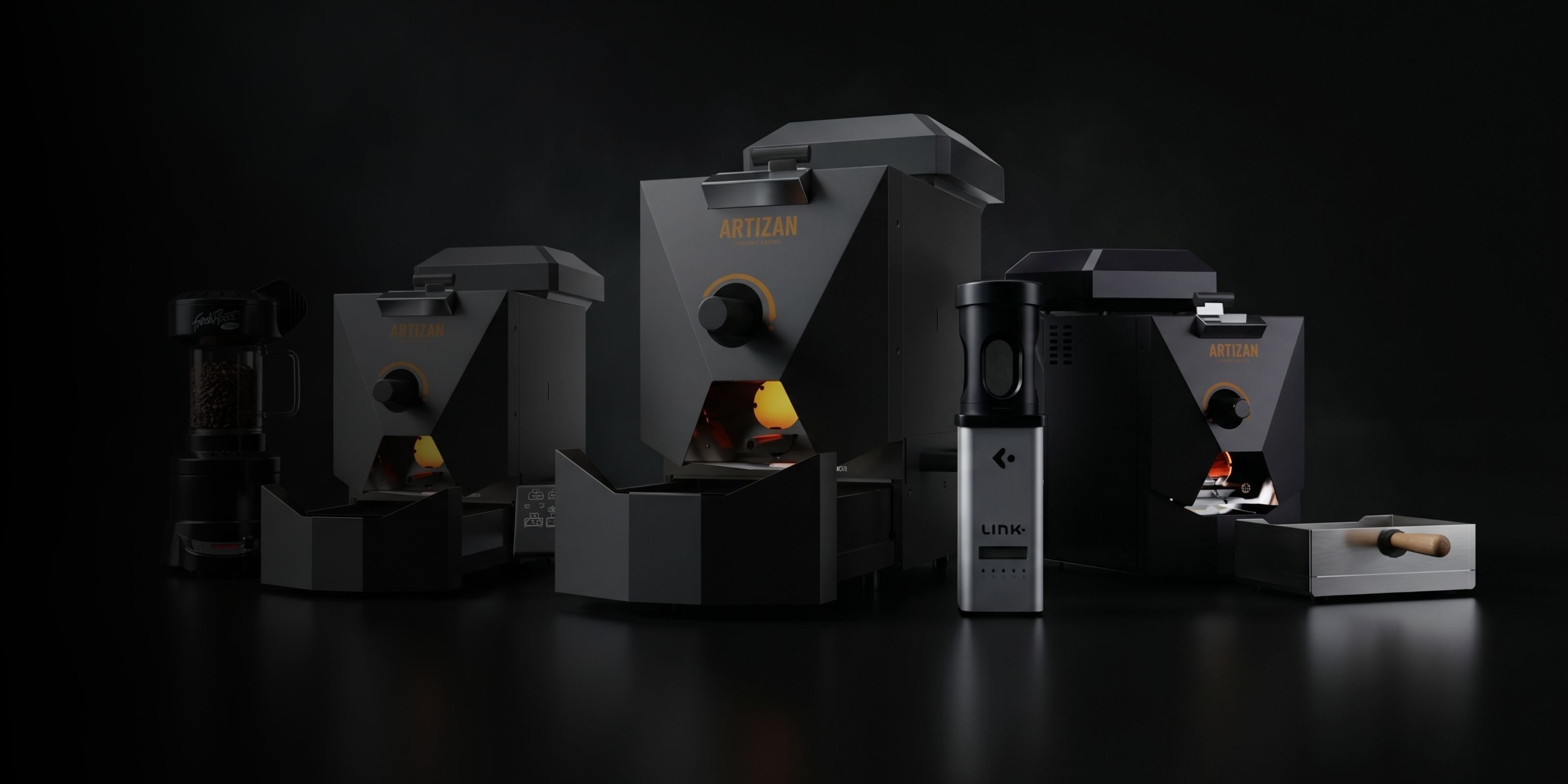 Premium artisan coffee brewers and roasting equipment displayed in a cinematic dark studio setting with dramatic lighting and reflective surfaces for a luxury mobile hero banner.