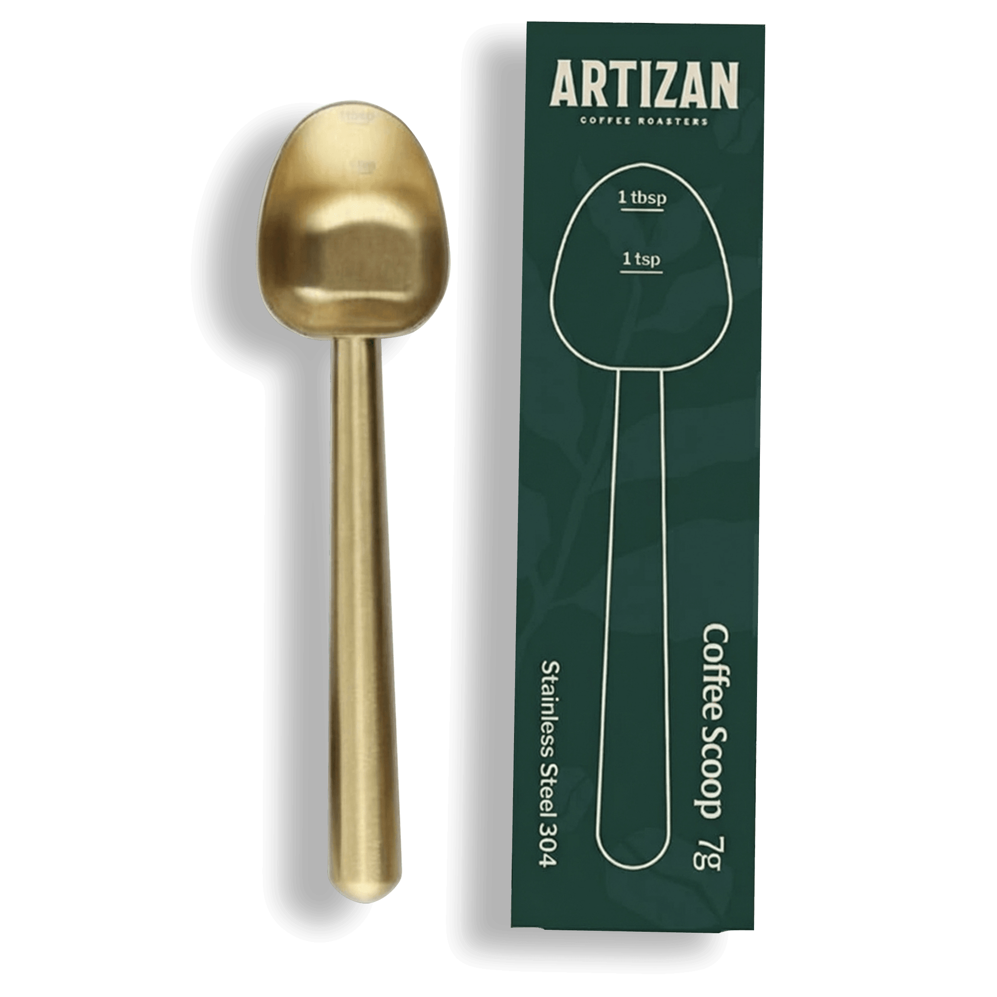 Artizan  gold coffee scoop with packaging in clean product display on transparent background
