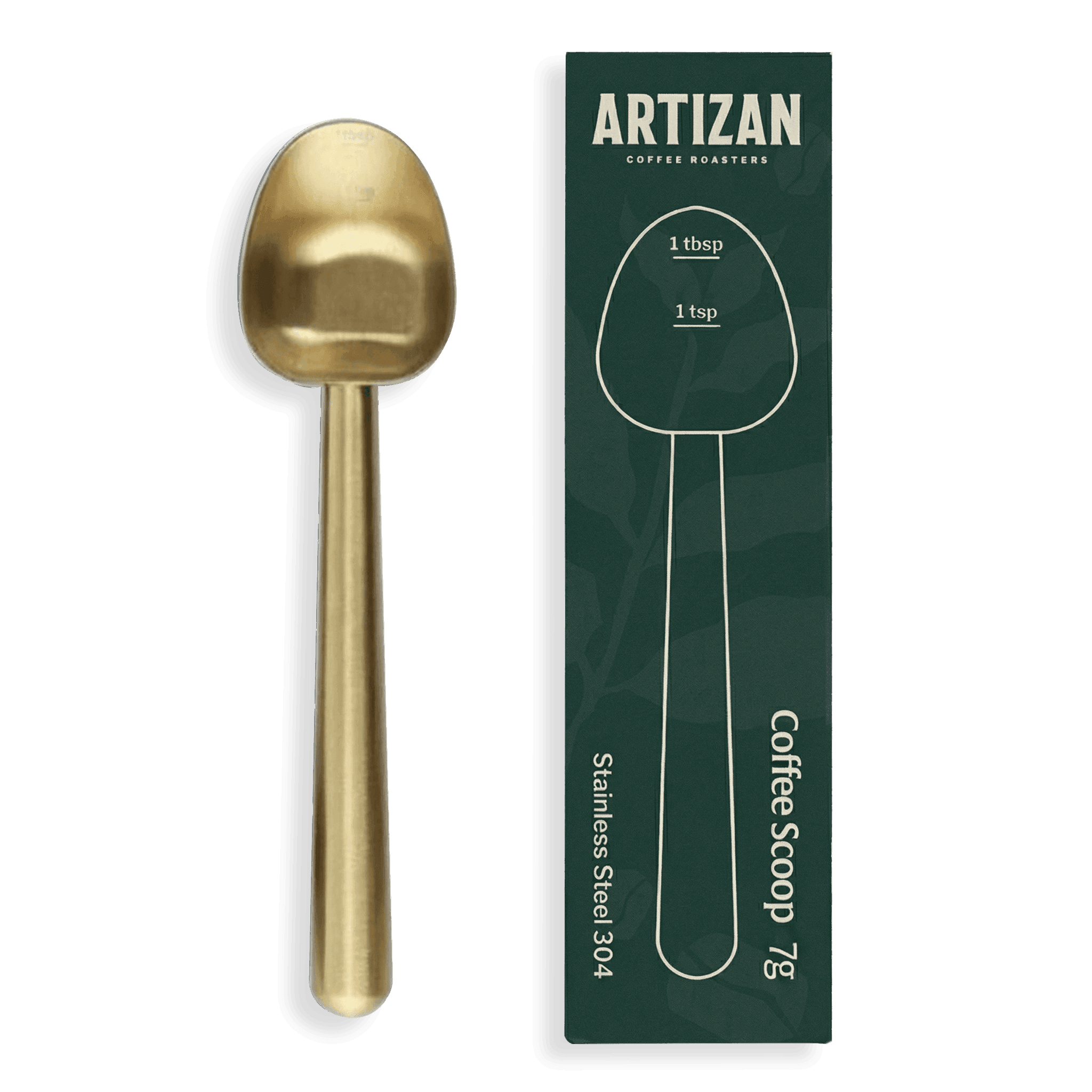 Artizan Gold variant  coffee scoop with packaging in clean product display on transparent background