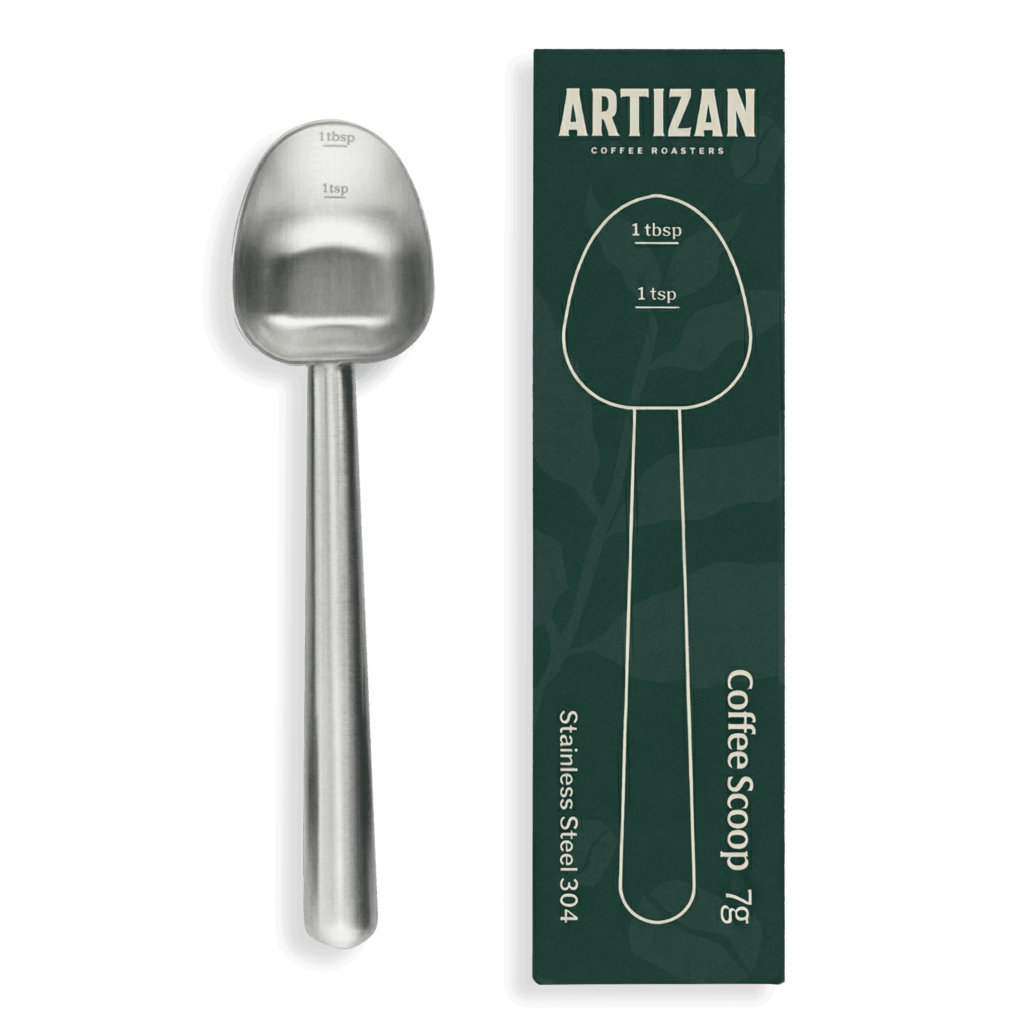 Artizan  Silver coffee scoop with packaging in clean product display on transparent background