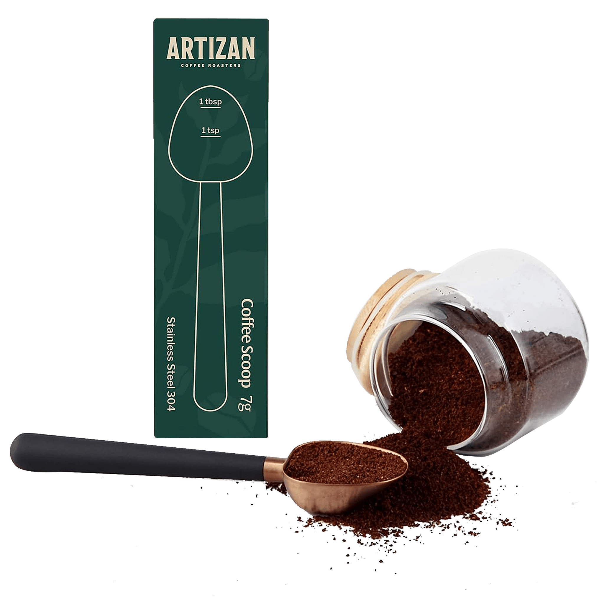Rose gold long handle coffee measuring scoop – durable stainless steel barista tool with ground coffee on the side