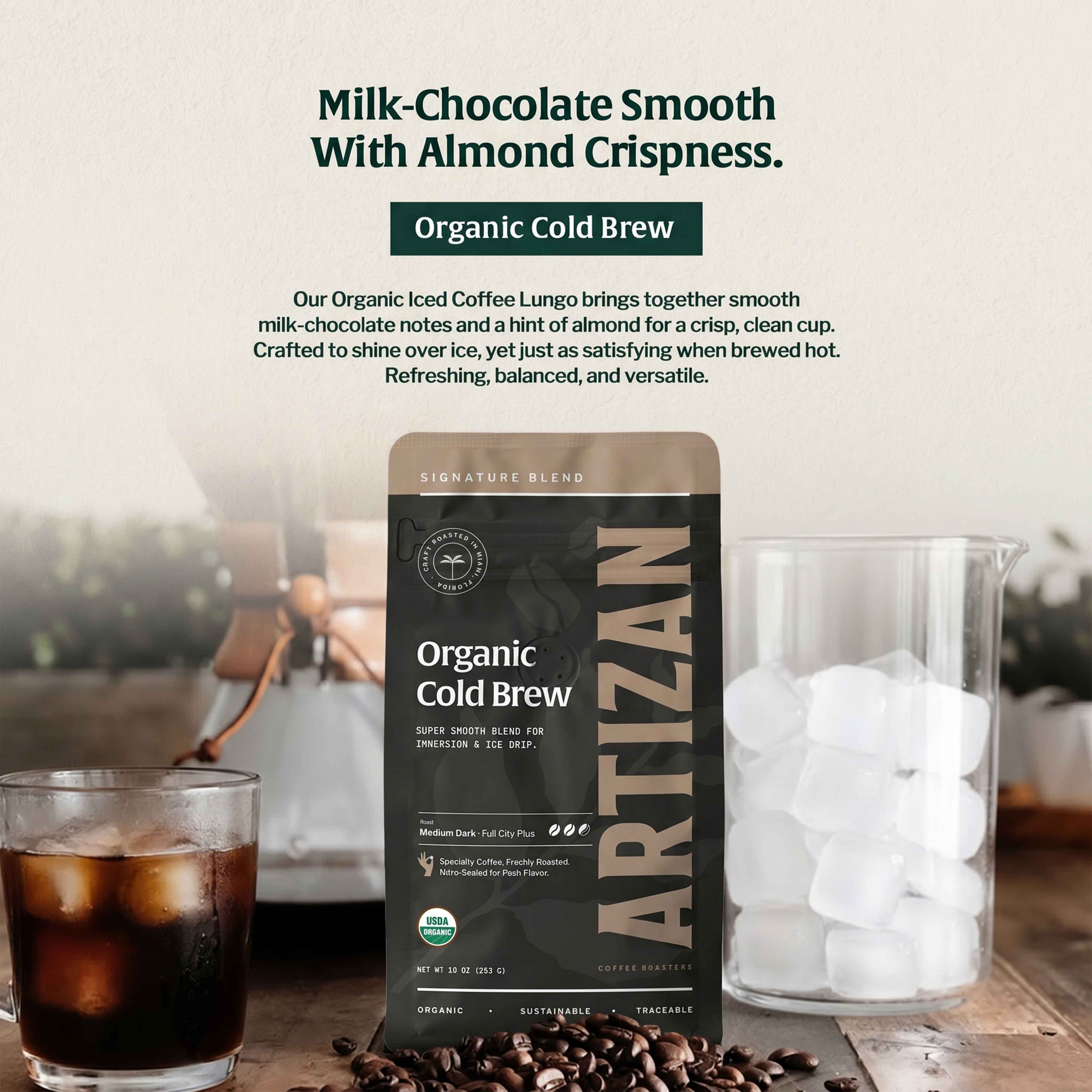 artizan organic cold brew whole beans & ground coffee detail 1x1
