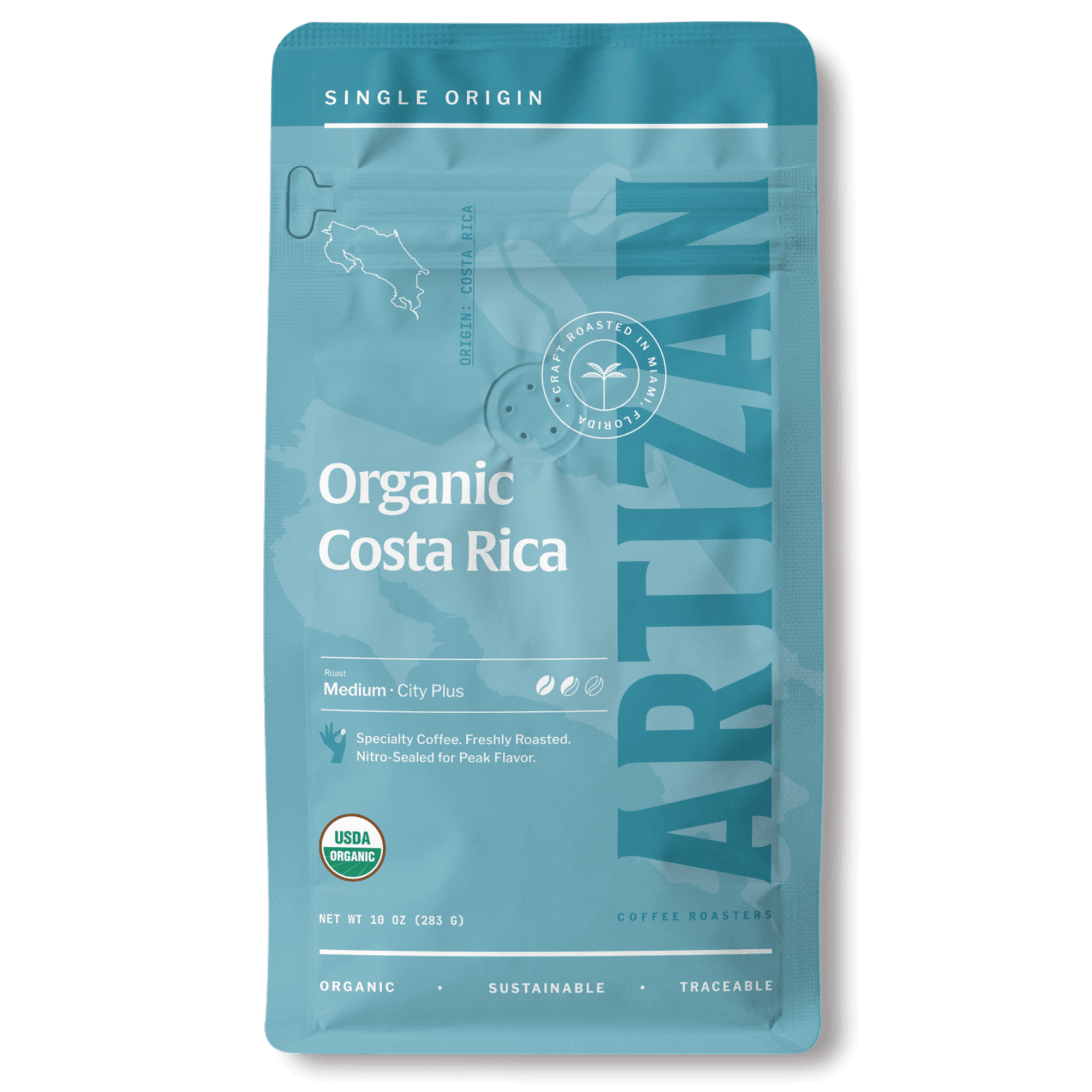 Package of Artizan Coffee Roasters' Organic Costa Rica espresso blend with a description of flavor notes.
