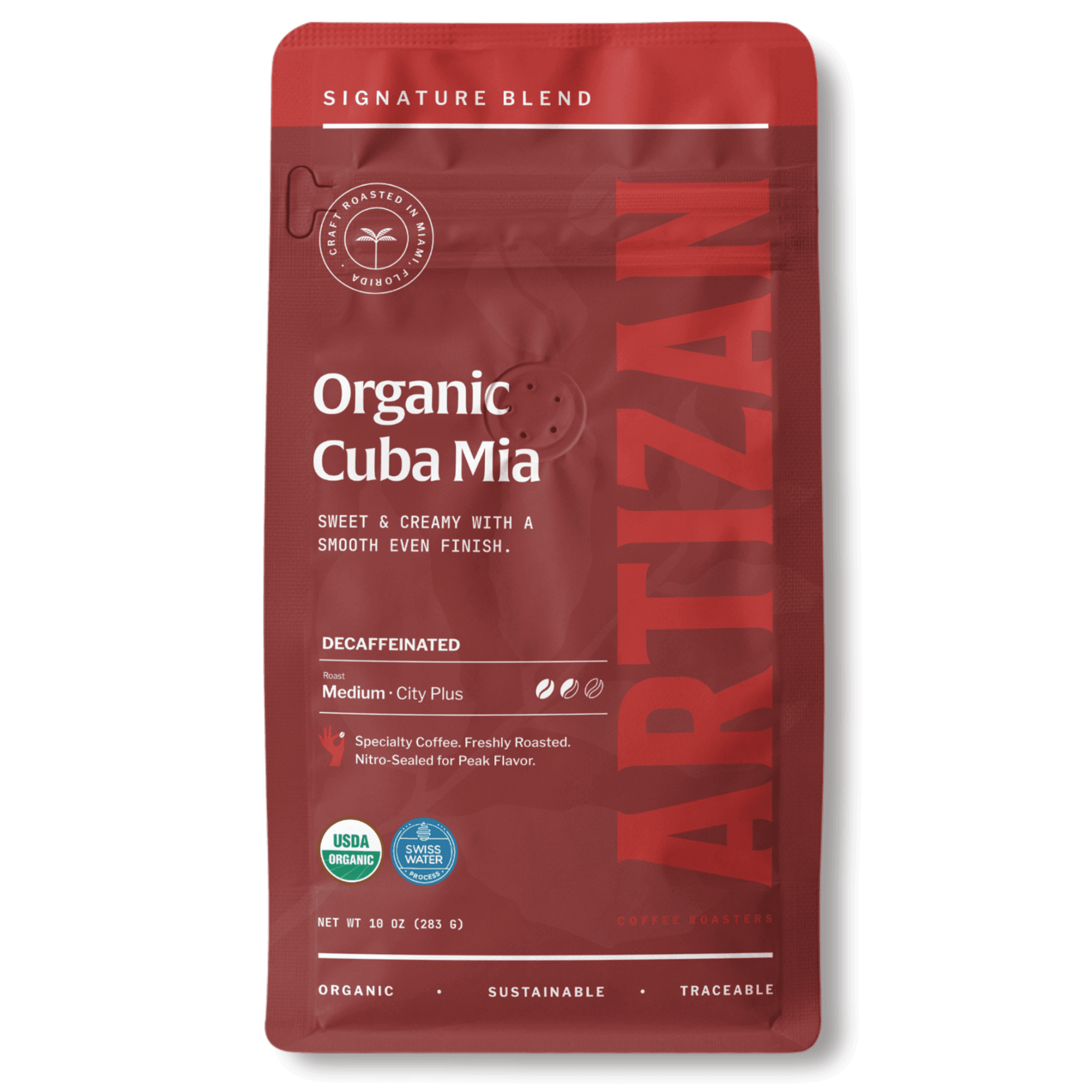 artizan organic cuba mia decaf whole beans & ground coffee front 1x1