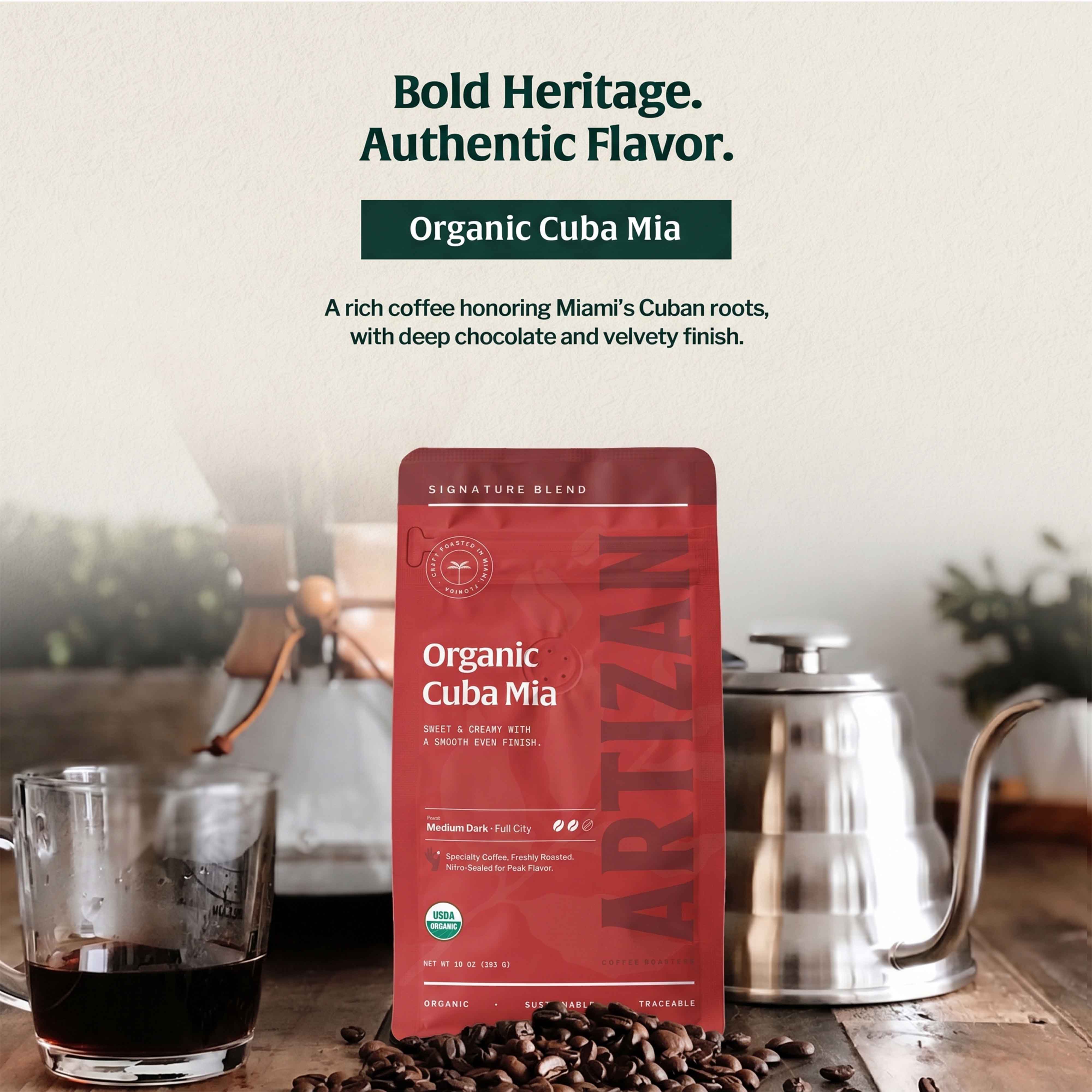 artizan organic cuba mia whole beans & ground coffee detail 1x1