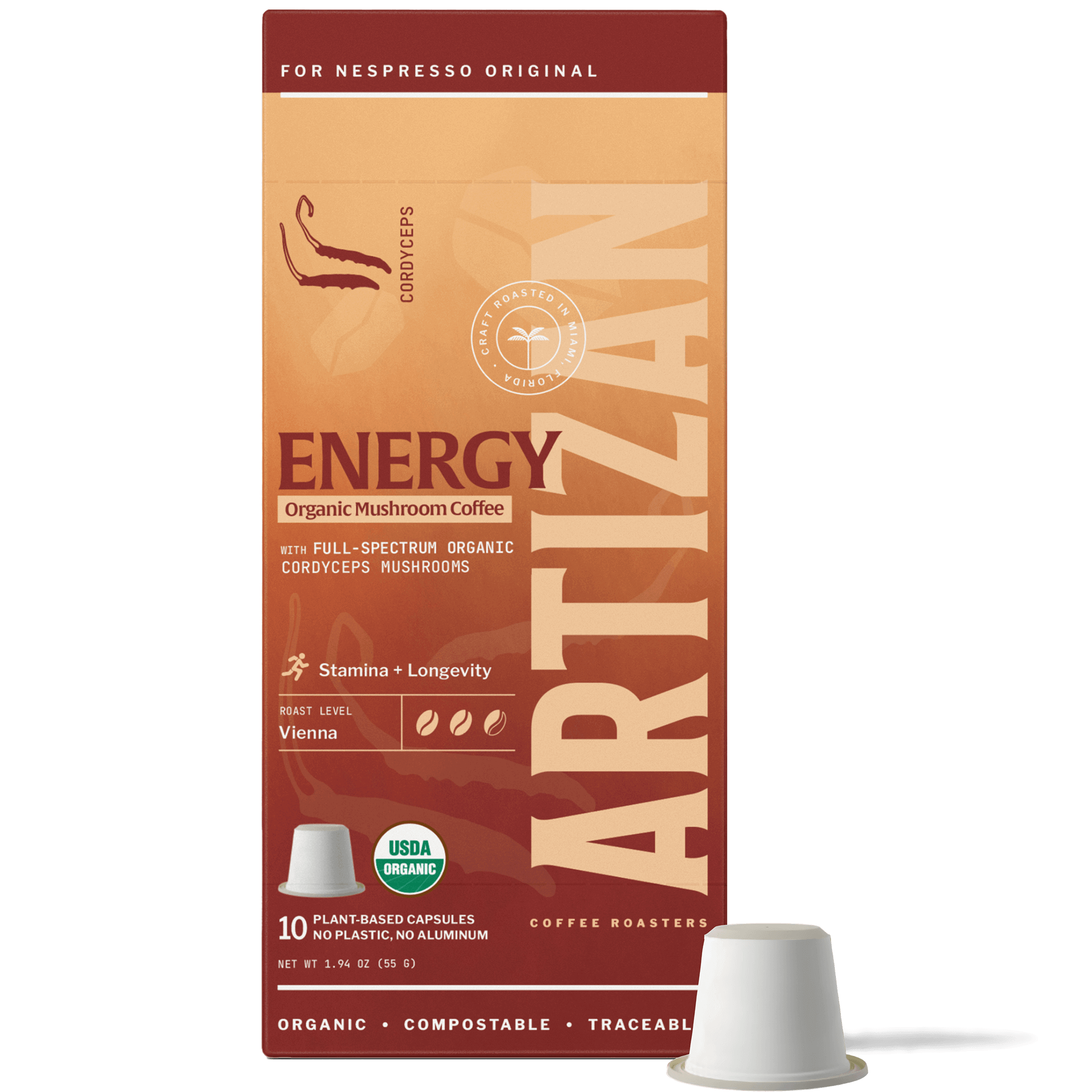Artizan Energy organic mushroom coffee capsules compatible with Nespresso Original Line, plant-based compostable pods.