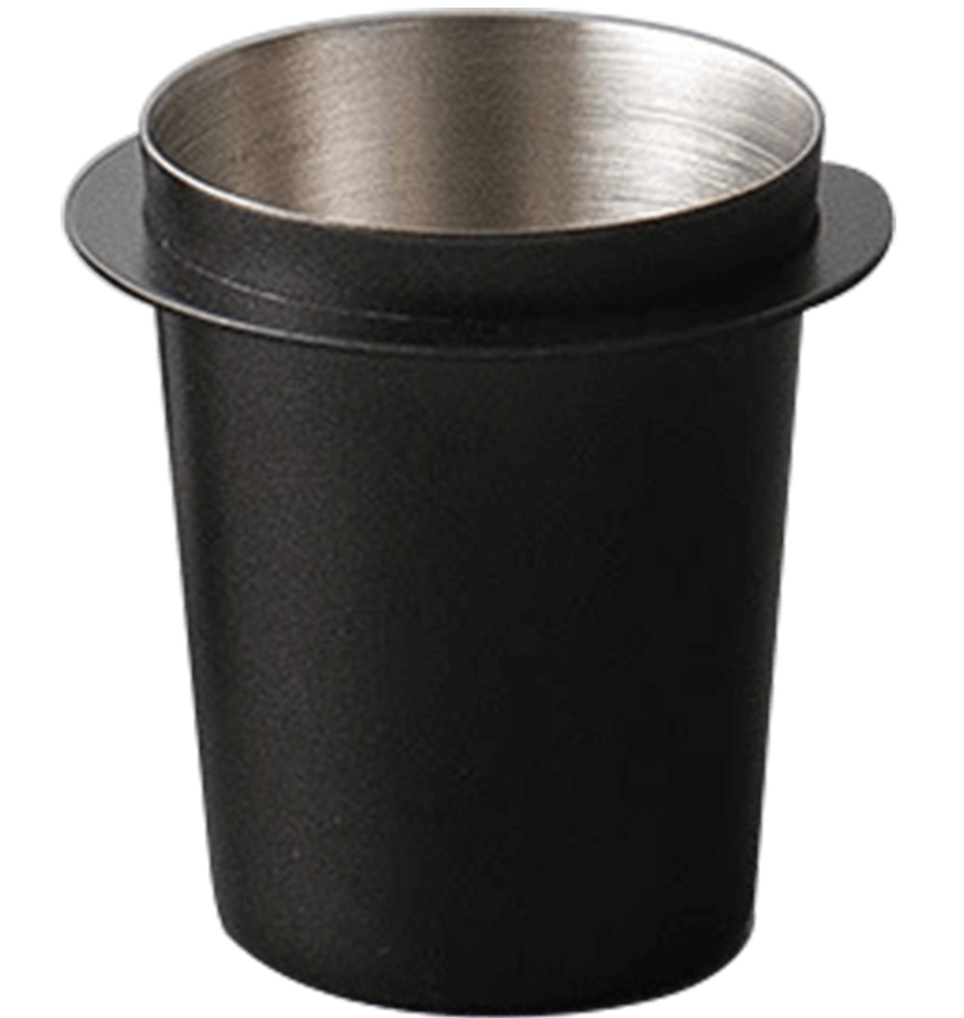 matte black espresso dosing cup for portafilter, durable coffee powder container with dual handles for mess-free transfer