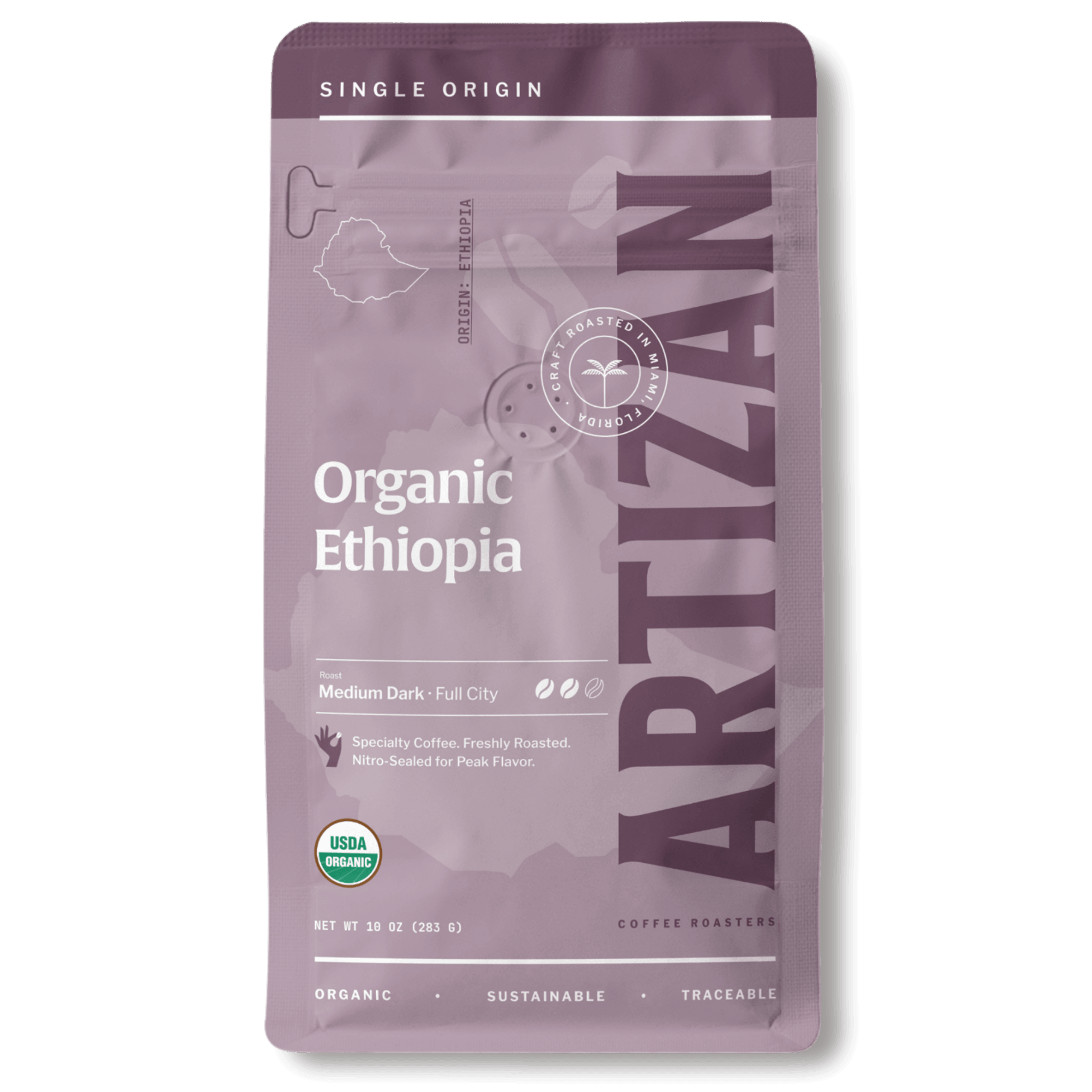 artizan organic ethiopia whole beans & ground coffee front 1x1
