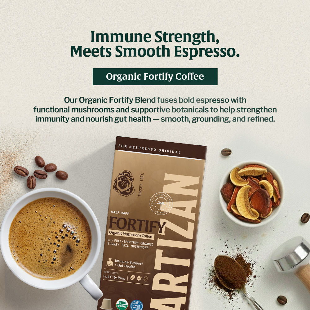 Artizan Fortify organic mushroom coffee capsules for Nespresso Original with turkey tail mushrooms supporting immune and gut health.