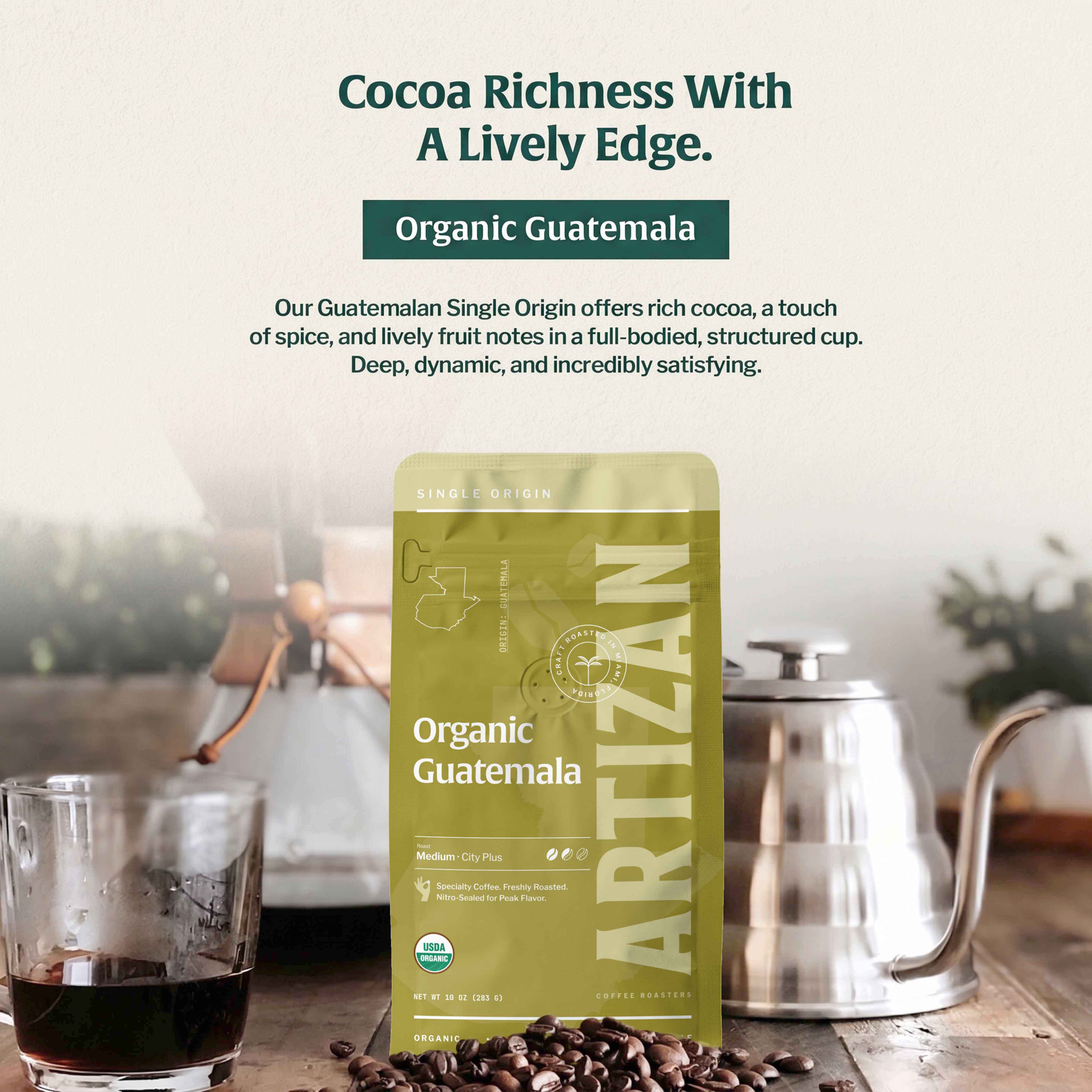 artizan organic guatemala whole beans & ground coffee detail 1x1