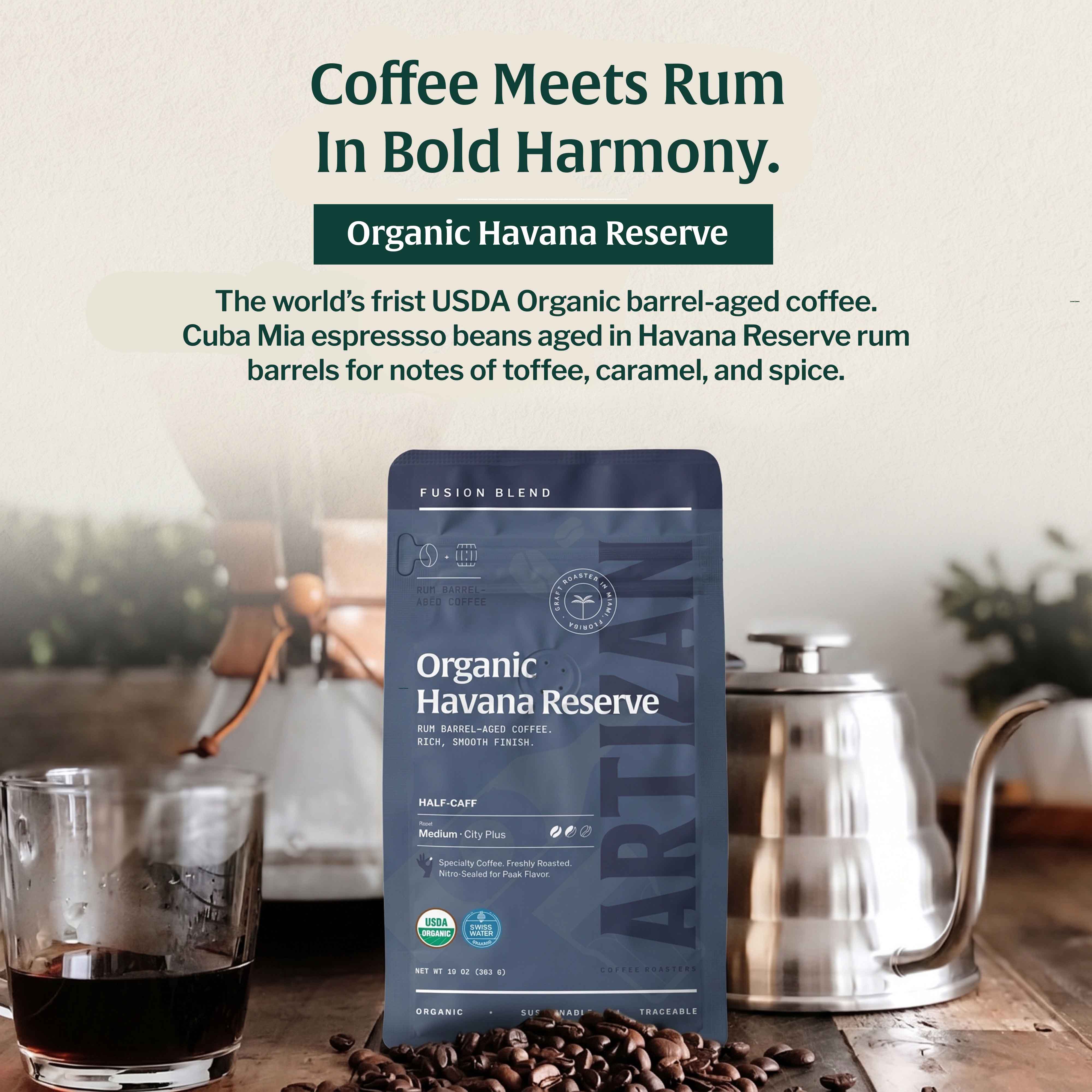 artizan organic Havana Reserve whole beans & ground coffee detail 1x1