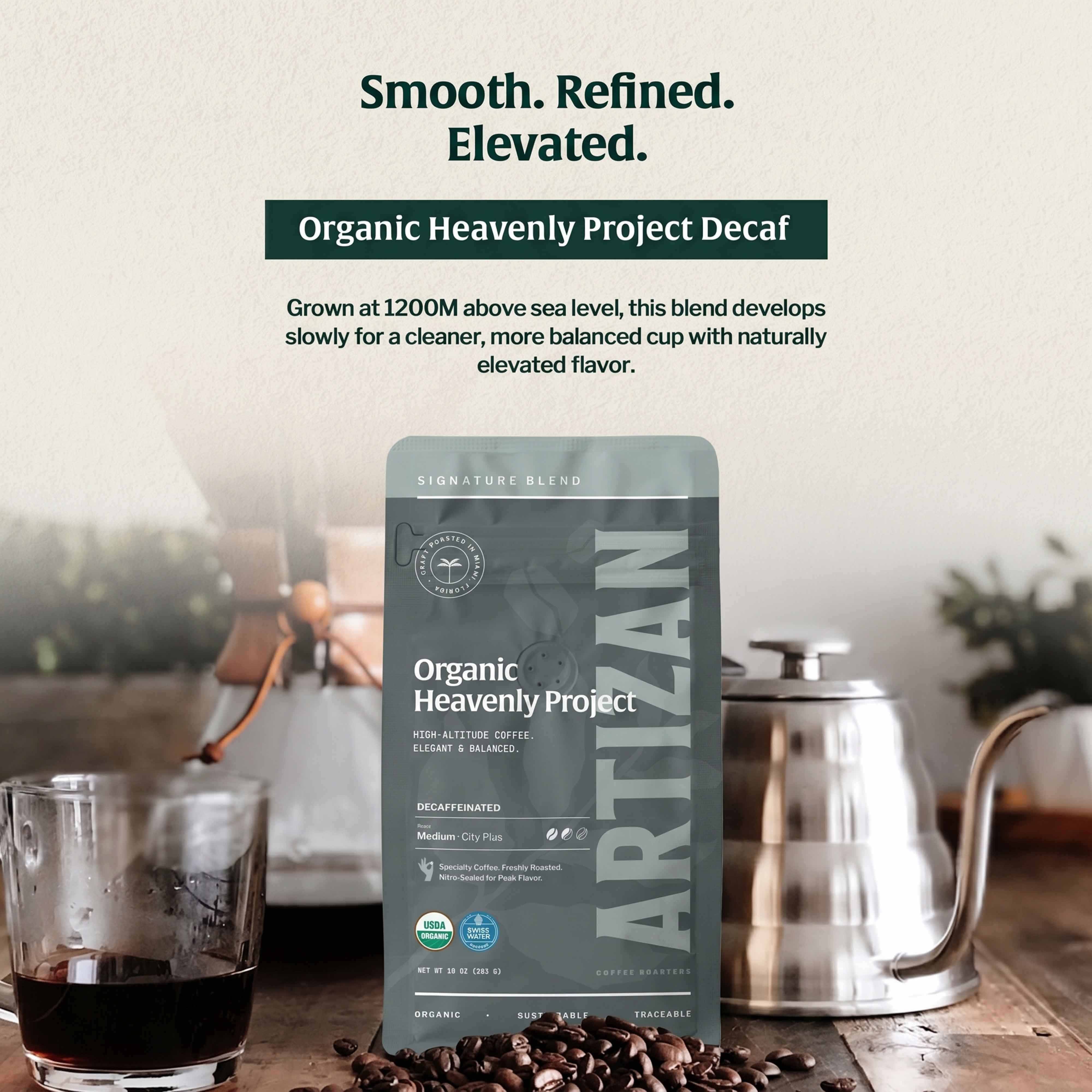 artizan organic heavenly project decaf whole beans & ground coffee detail 1x1