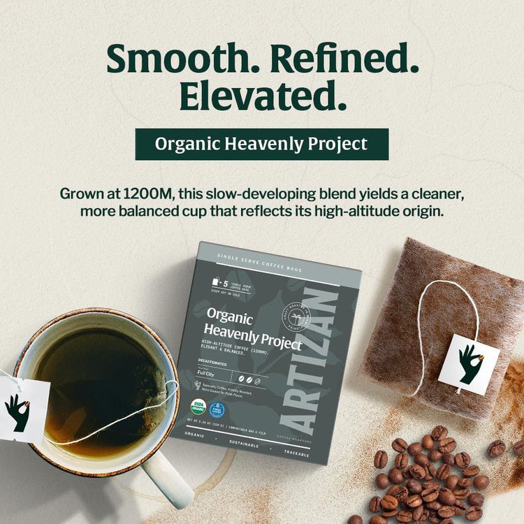 Heavenly Project Decaf single-origin specialty coffee singles 5-pack, detail view