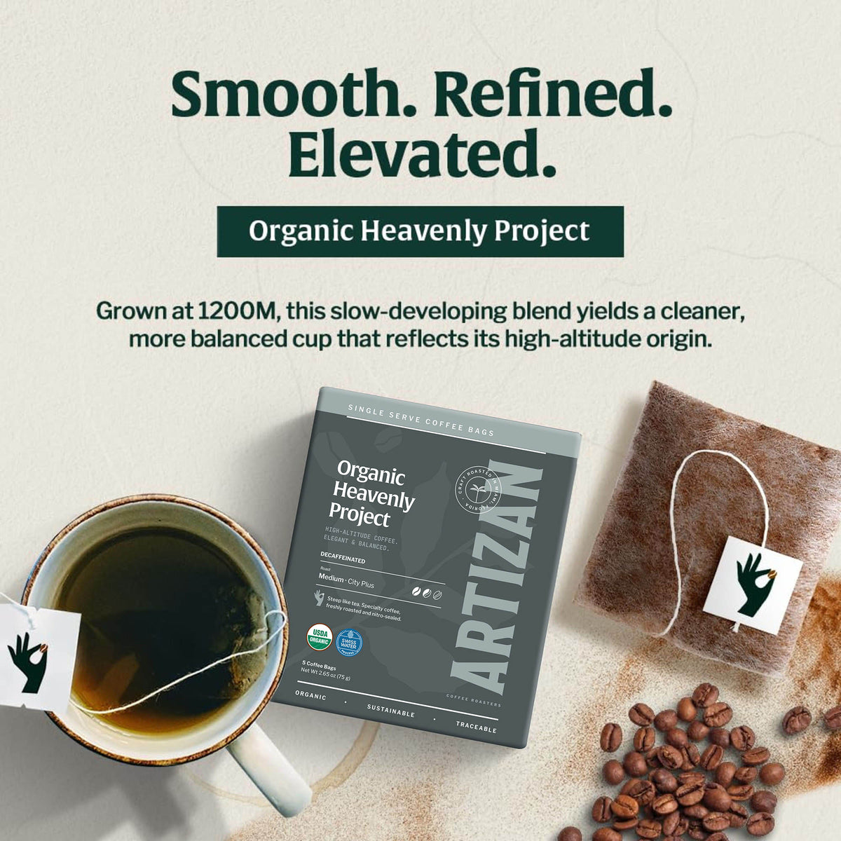 Heavenly Project Decaf single-origin specialty coffee singles 5-pack, detail view