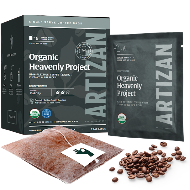 Heavenly Project Decaf single-origin specialty coffee singles 5-pack, lifestyle view