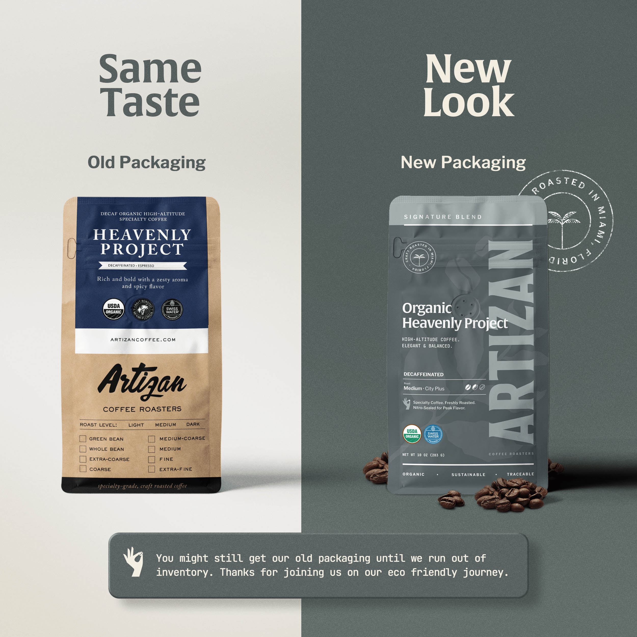 An Image Announcing that Organic Heavenly Project Whole Bean and Ground Coffee Bag has a New Packaging. 