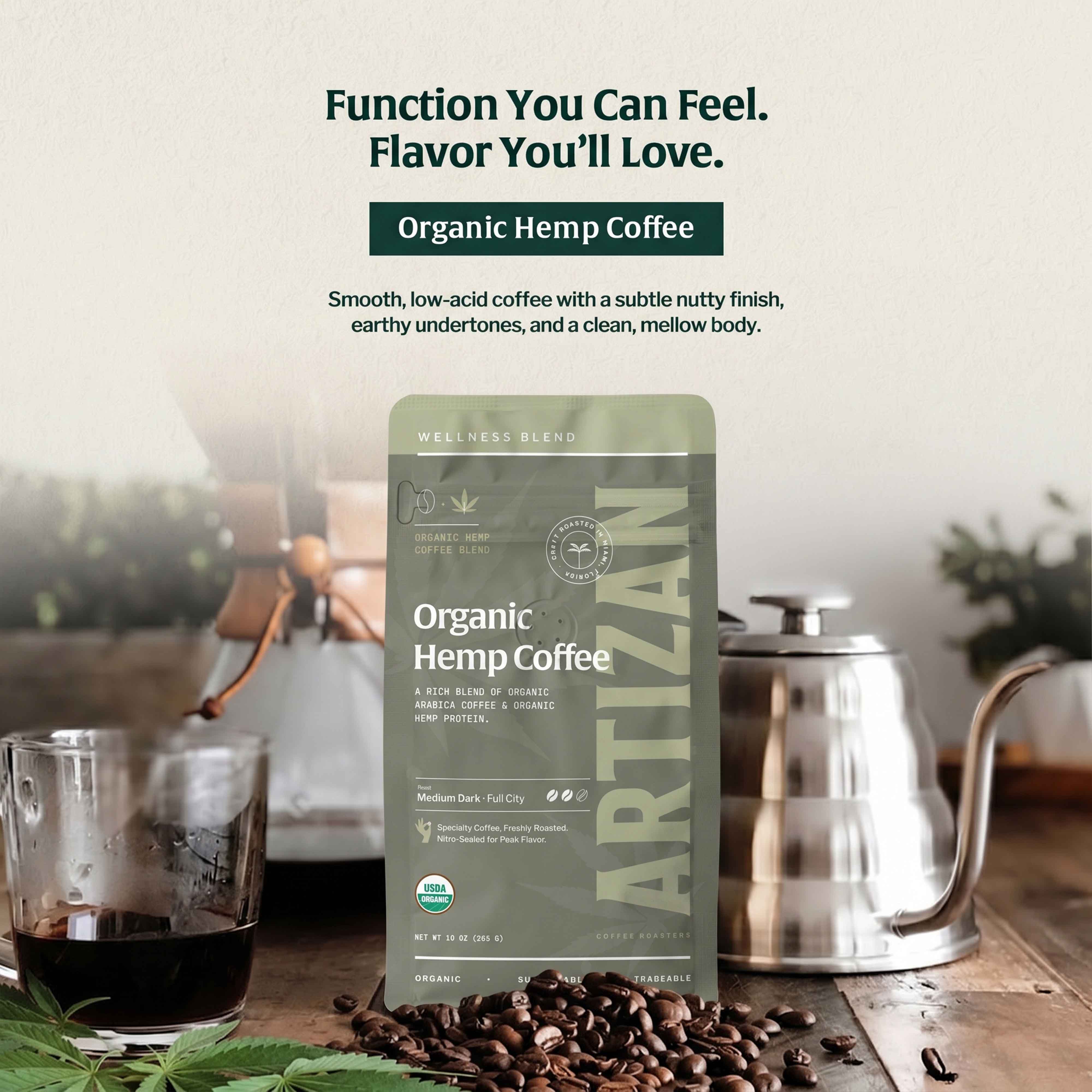 artizan organic hemp coffee whole beans & ground coffee detail 1x1