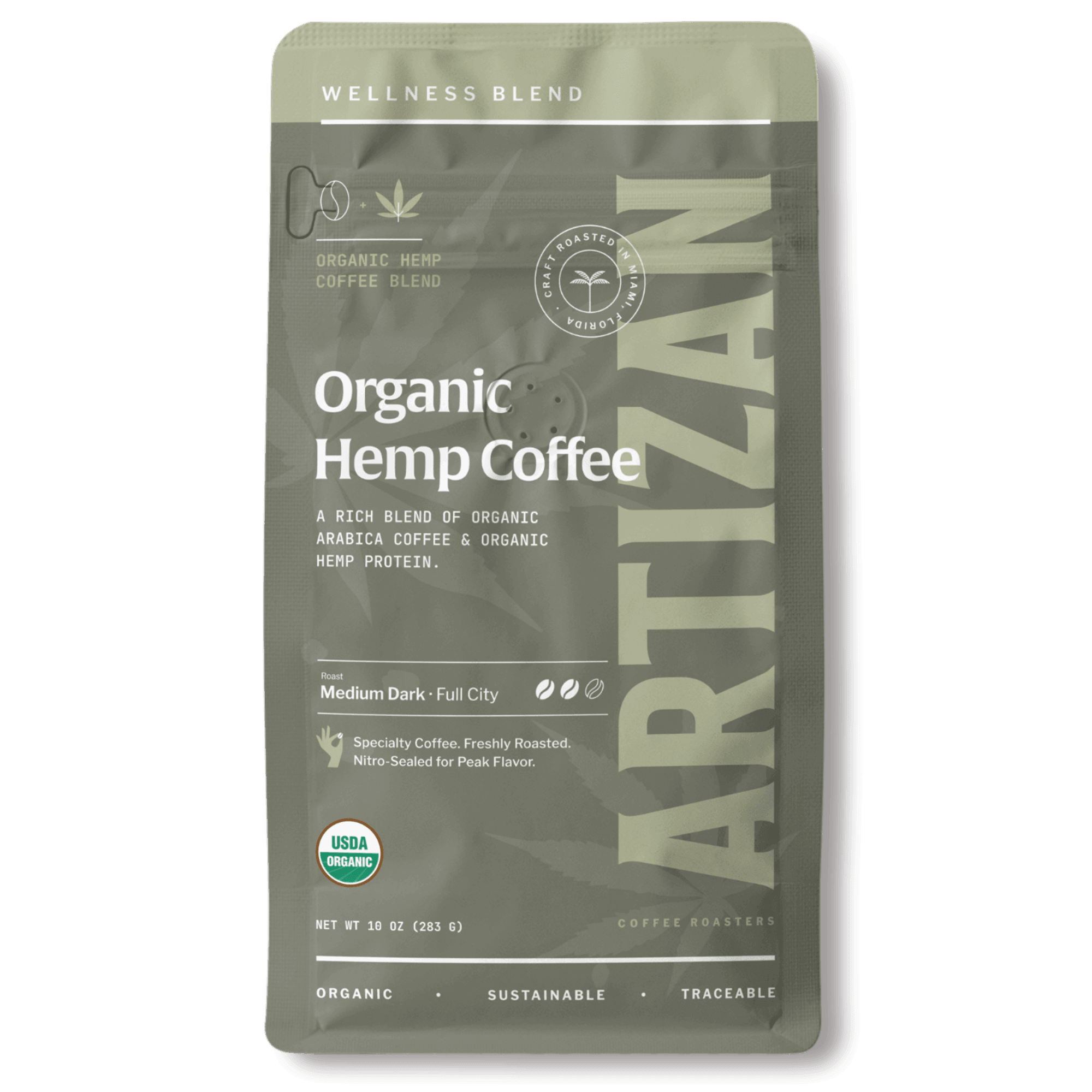 artizan organic hemp coffee whole beans & ground coffee front 1x1