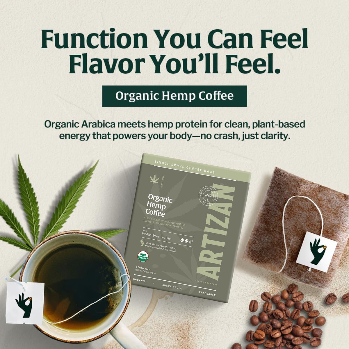 Hemp single-origin specialty coffee singles 5-pack, detail view