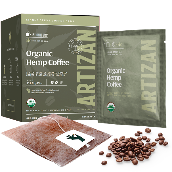 Hemp single-origin specialty coffee singles 5-pack, lifestyle view