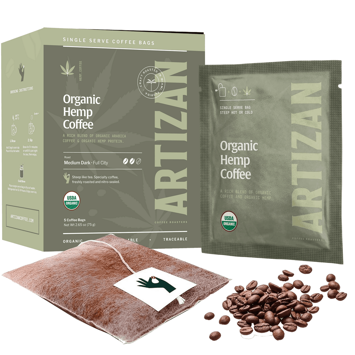 Hemp single-origin specialty coffee singles 5-pack, lifestyle view
