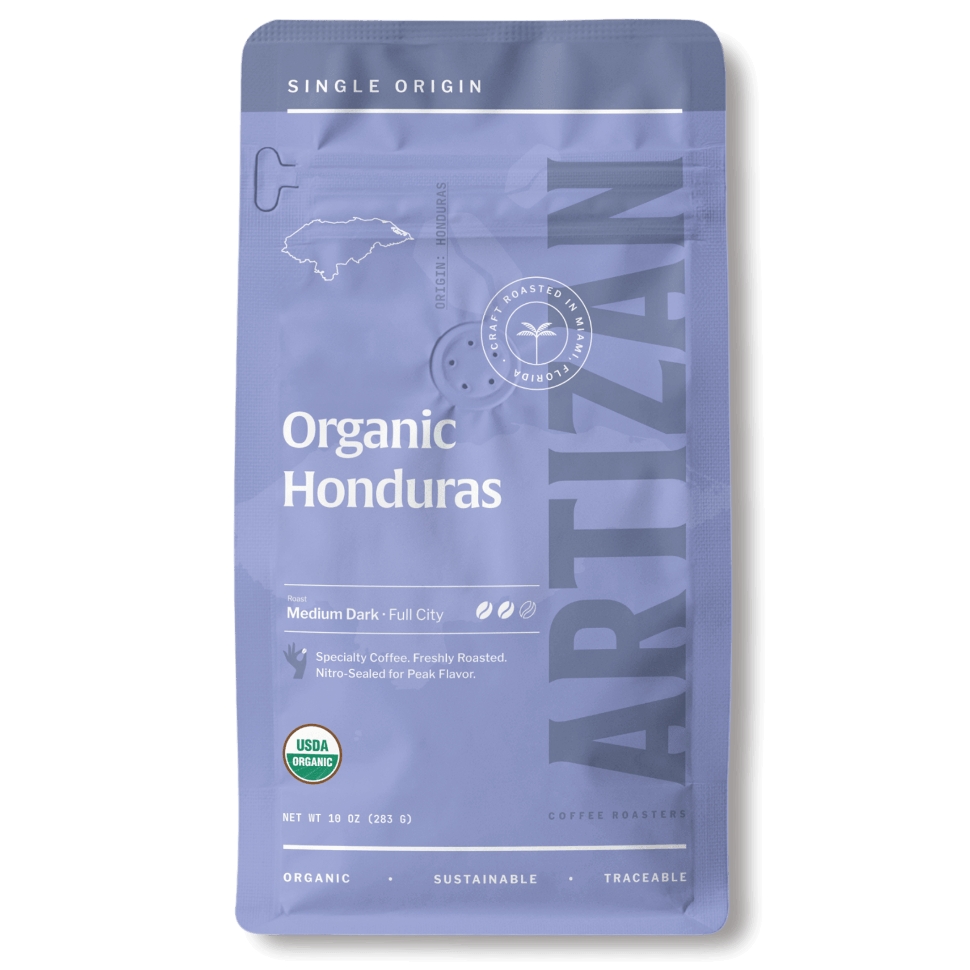 Package of Artizan Coffee Roasters' Organic Honduras espresso blend with a description of flavor notes.