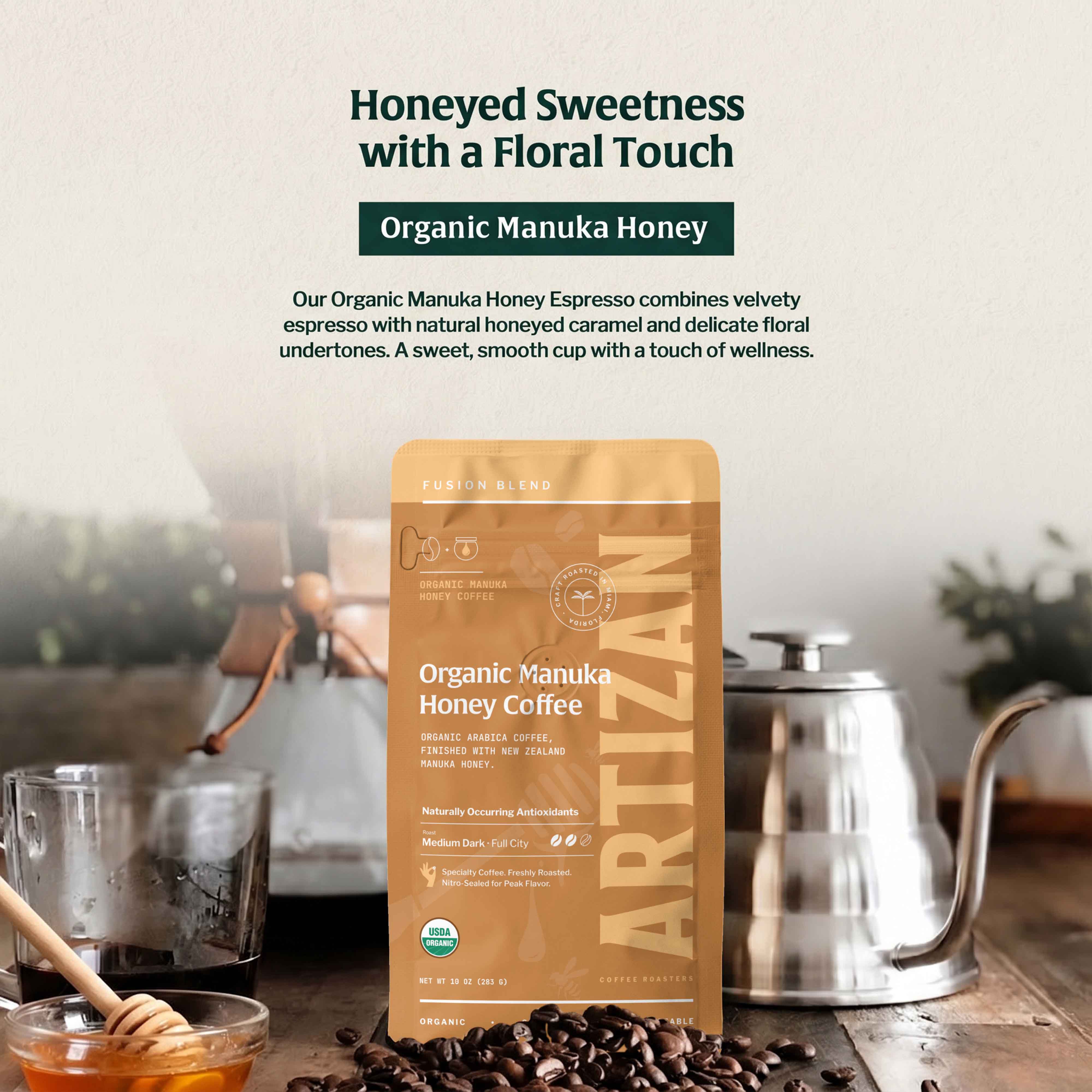 artizan organic Manuka Honey Coffee whole beans & ground coffee detail 1x1