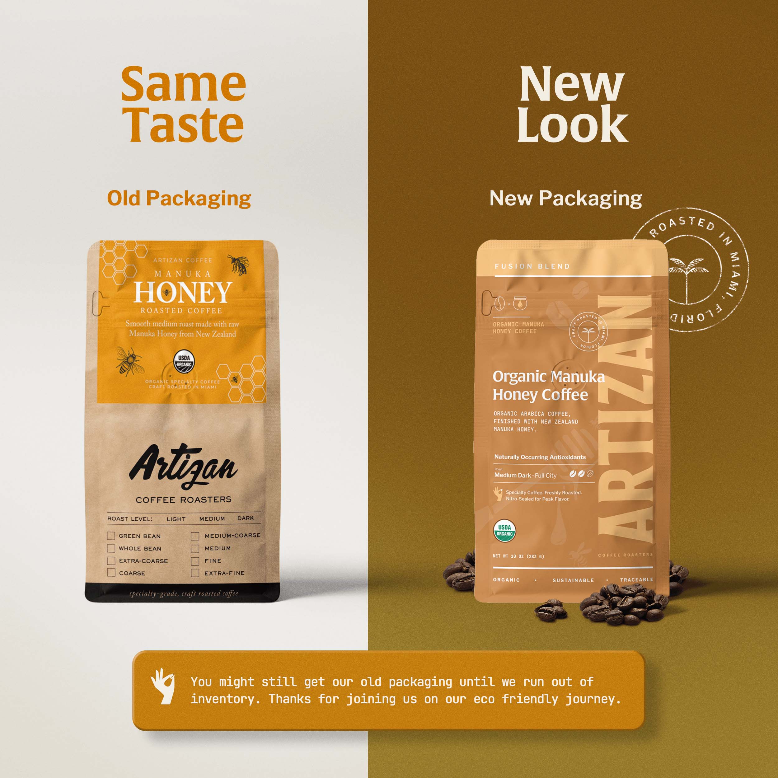 Image of Old and New Packaging of Organic Manuka Honey Coffee Blend Whole Bean and Ground from Artizan Coffee Roasters.