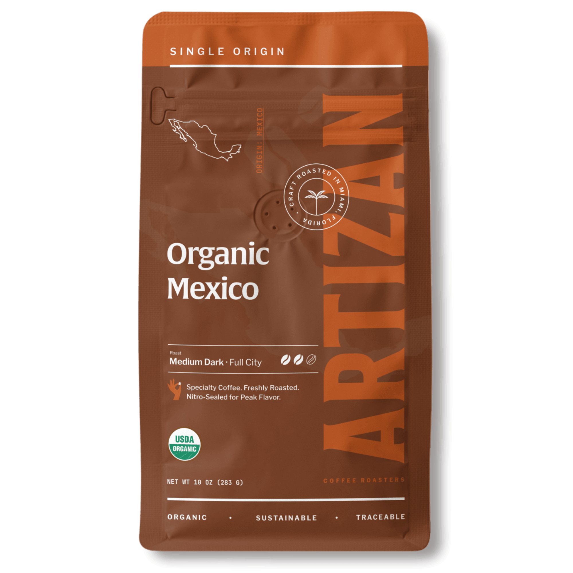 Package of Artizan Coffee Roasters' Organic Mexico espresso blend with a description of flavor notes.