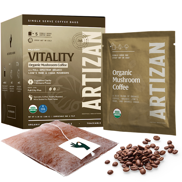 Organic Mushroom Coffee single-origin specialty coffee singles 5-pack, lifestyle view