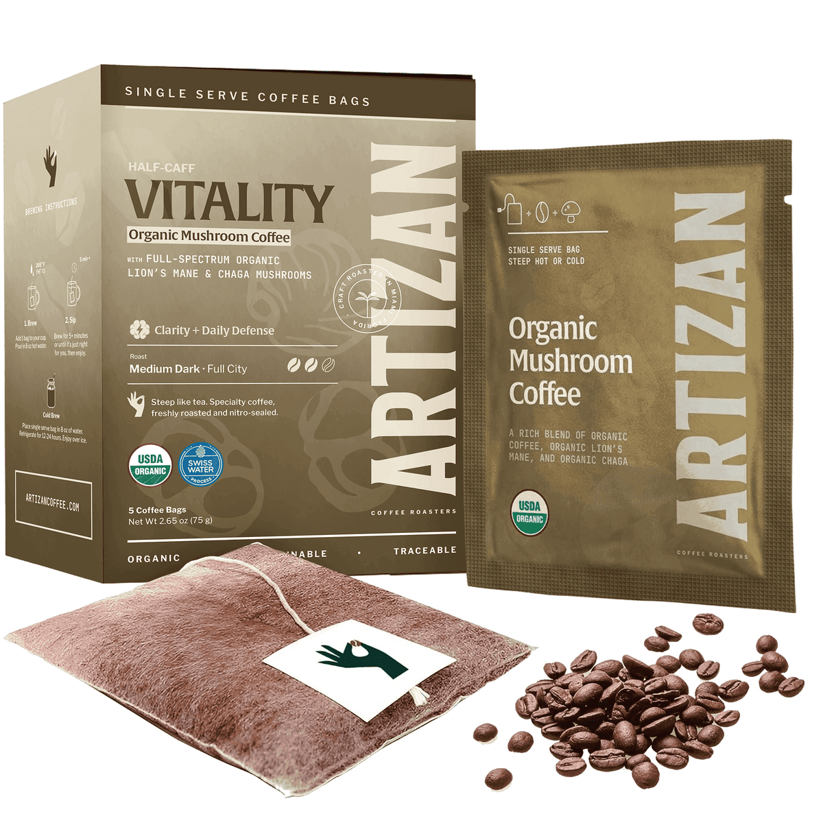 Organic Mushroom Coffee single-origin specialty coffee singles 5-pack, lifestyle view