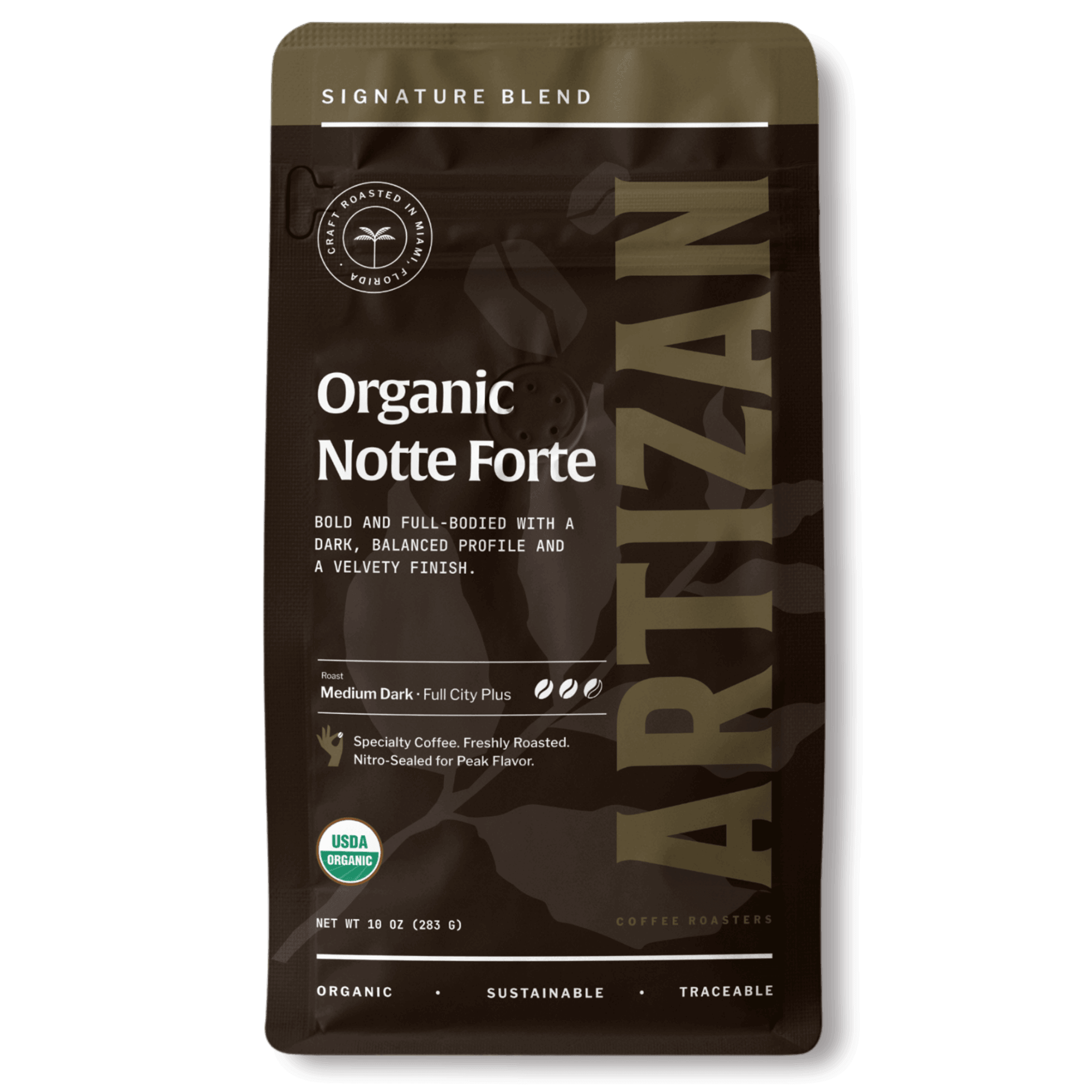 Package of Artizan Coffee Roasters' Organic Notte Forte espresso blend with a description of flavor notes.