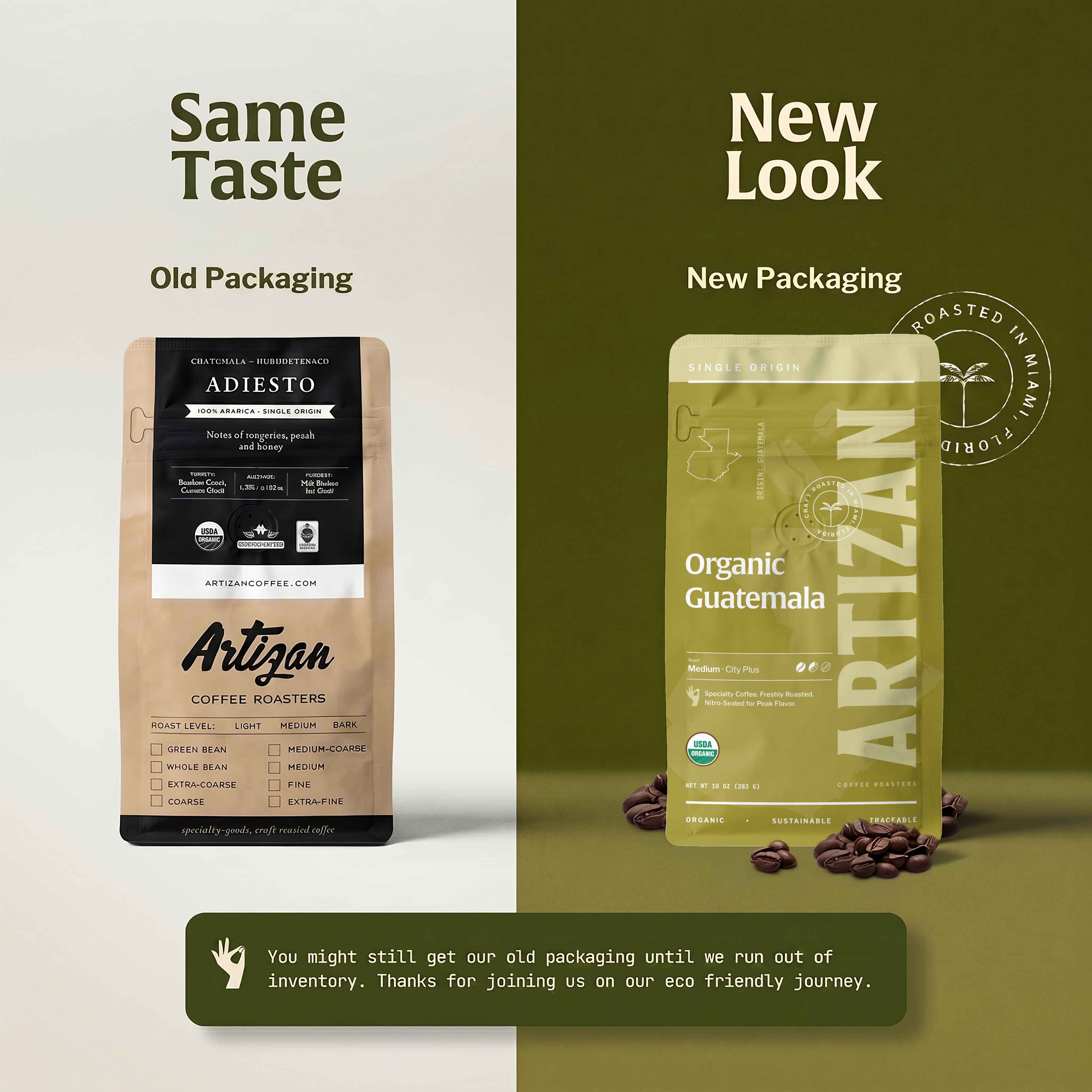 An Image Announcing that Organic Guatemala Whole Bean and Ground Coffee Bag has a New Packaging. 