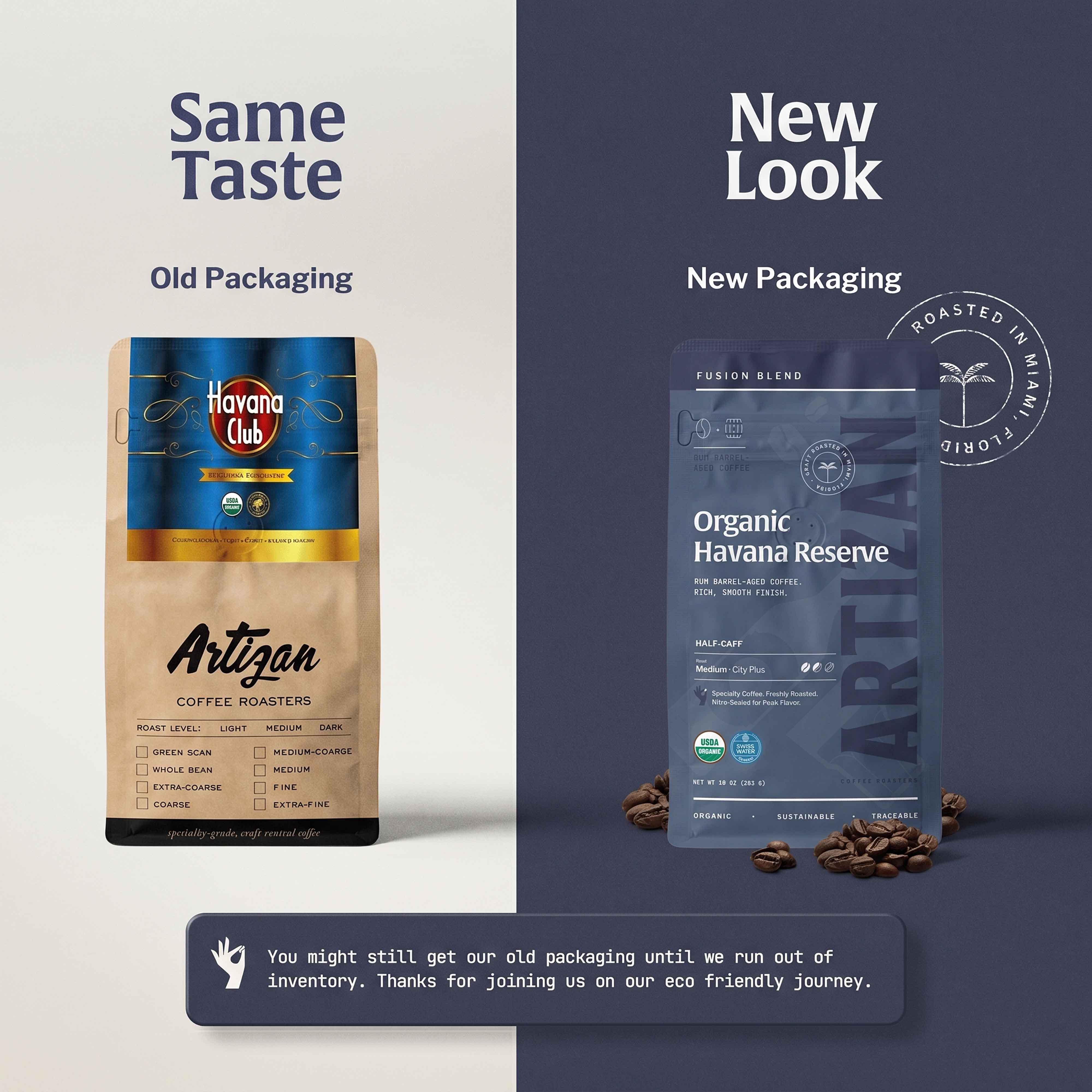Image Showing the Old and New Packaging of Organic Havana Club Whole Bean and Ground Coffee. 