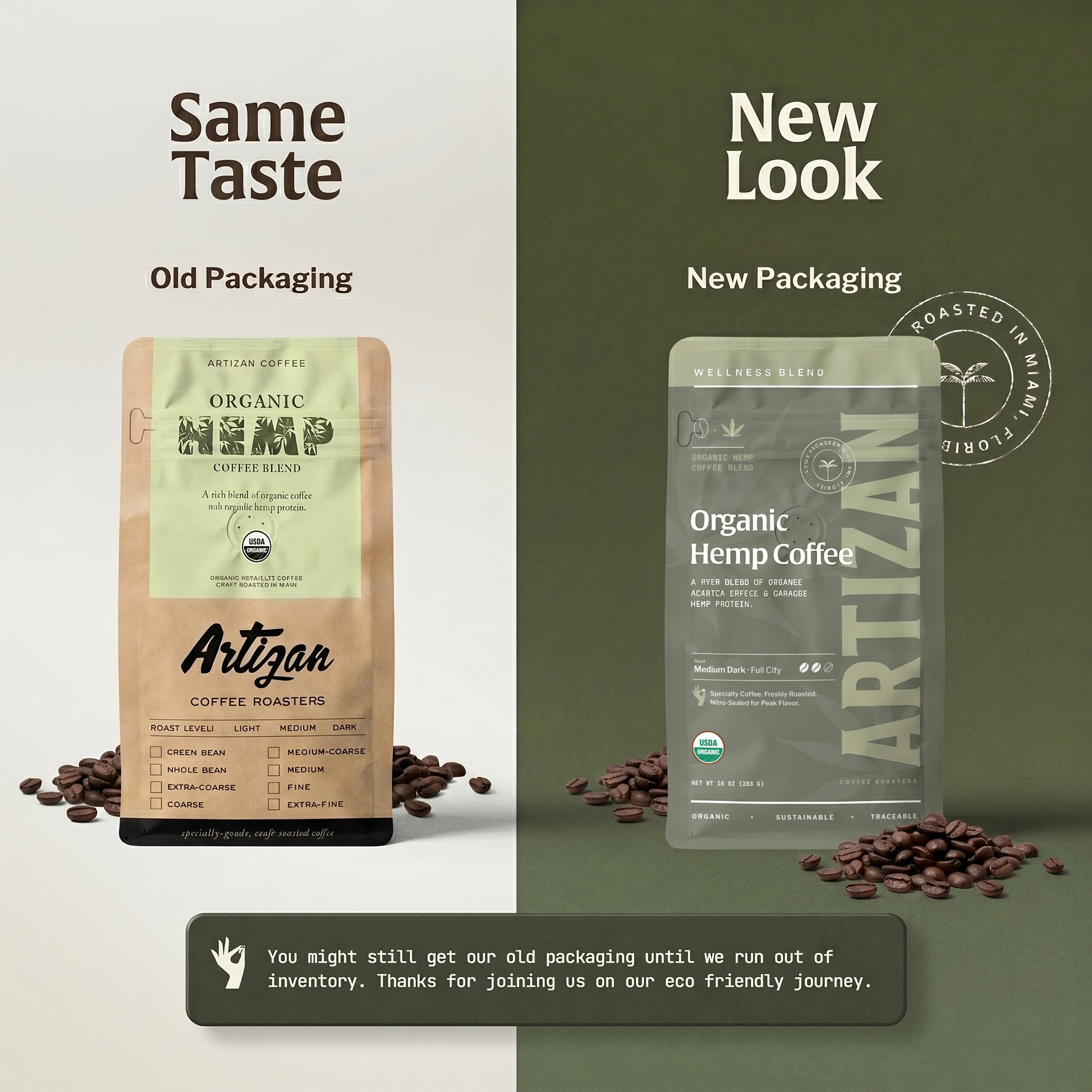 Image of New and Old Packaging of Organic Hemp Coffee Blend Whole Bean and Ground of Artizan Coffee Roasters.