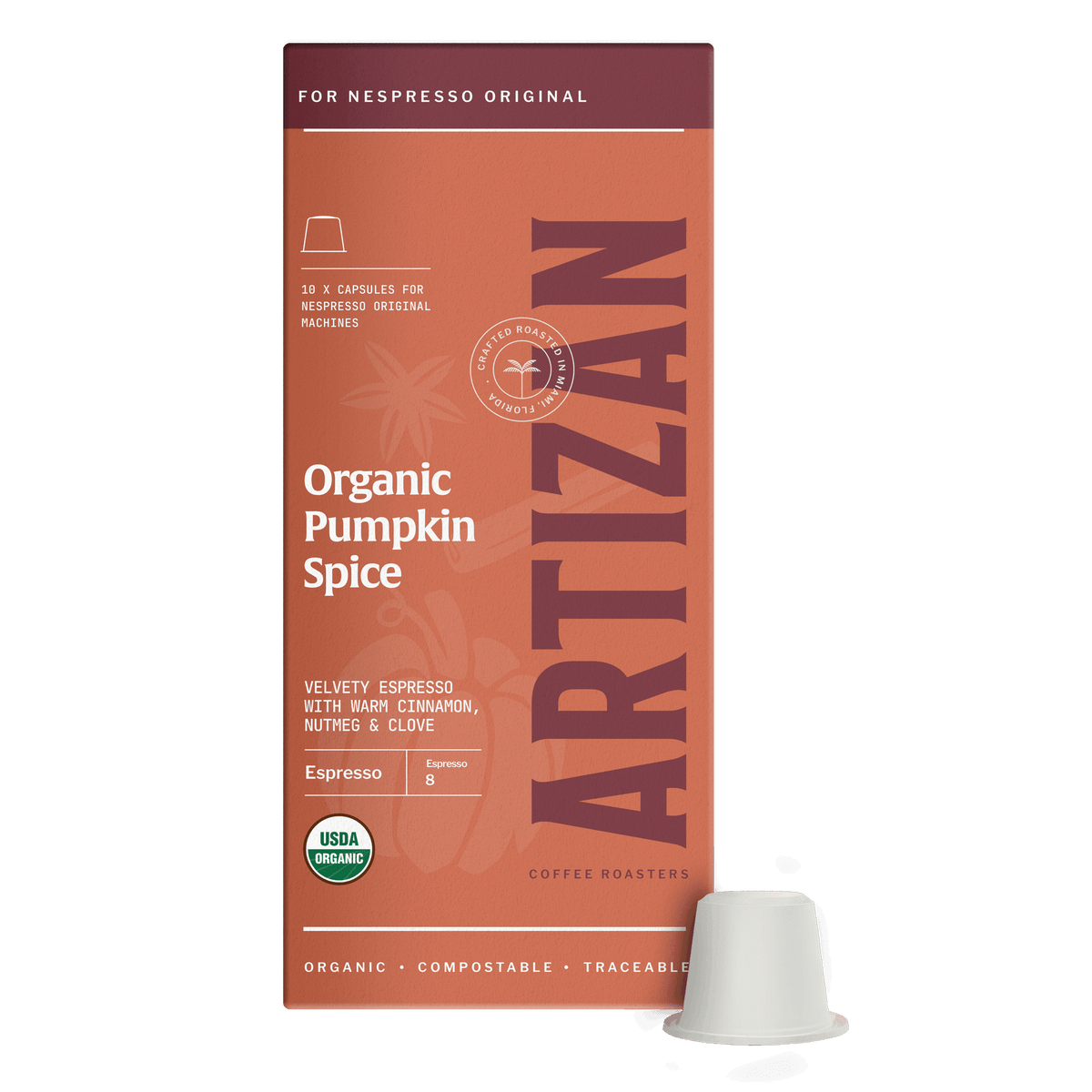 Artizan Organic Pumpkin Spice espresso capsules for Nespresso Original, with one capsule beside the orange box.