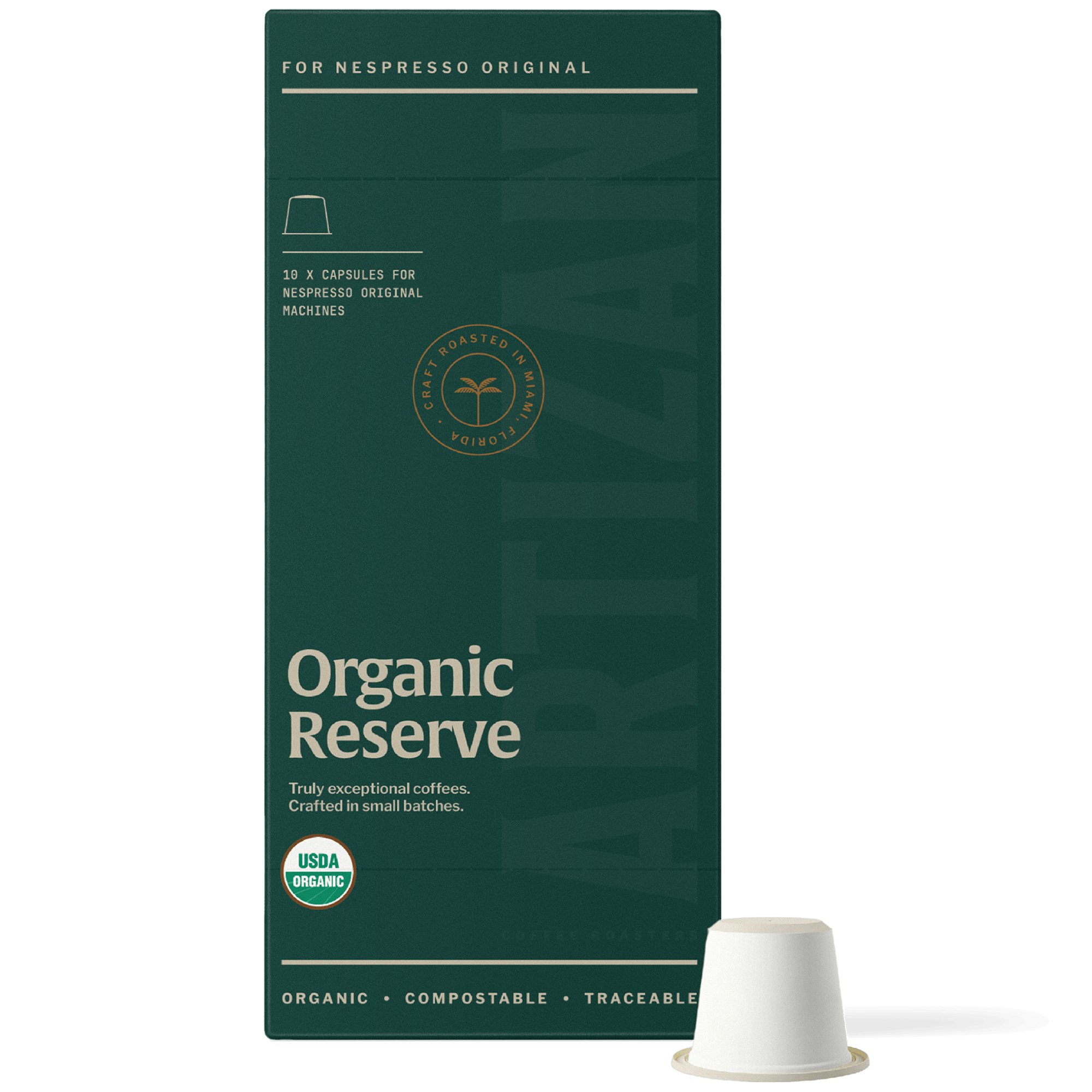 Image of Organic ResrveNespresso Pods for Original Machines with Capsule Beside It. 