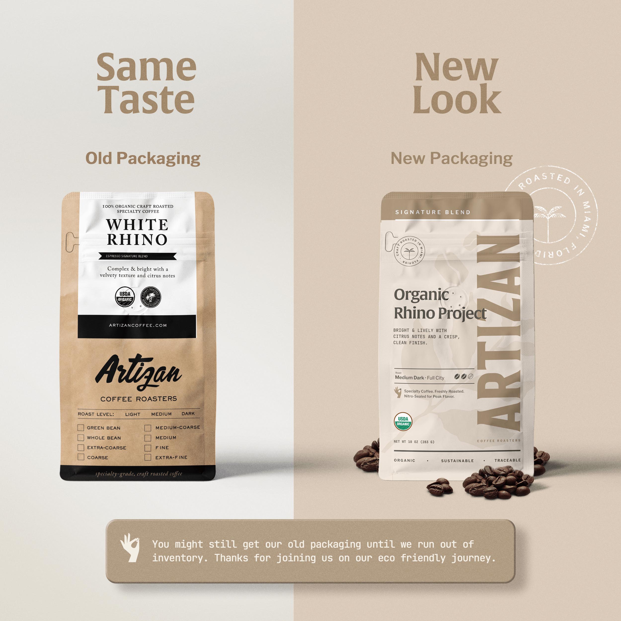 Before and After Image of the New Packaging of Organic Rhino Project Organic Coffee Whole Beans or Ground. 