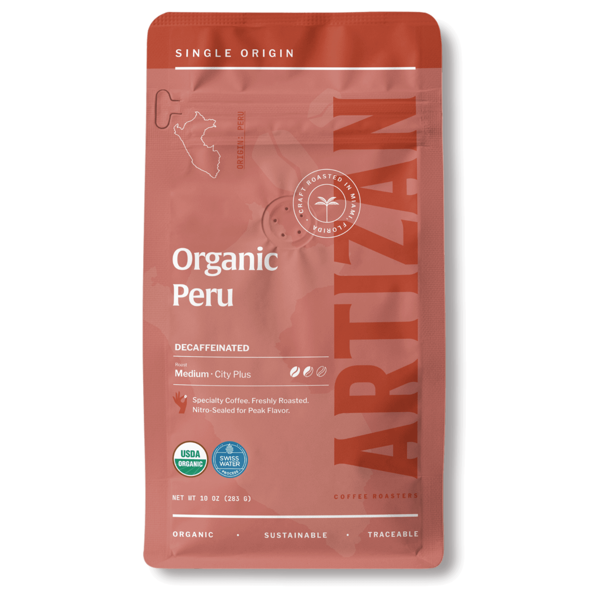 Package of Artizan Coffee Roasters' Organic Peru Decaf espresso blend with a description of flavor notes.