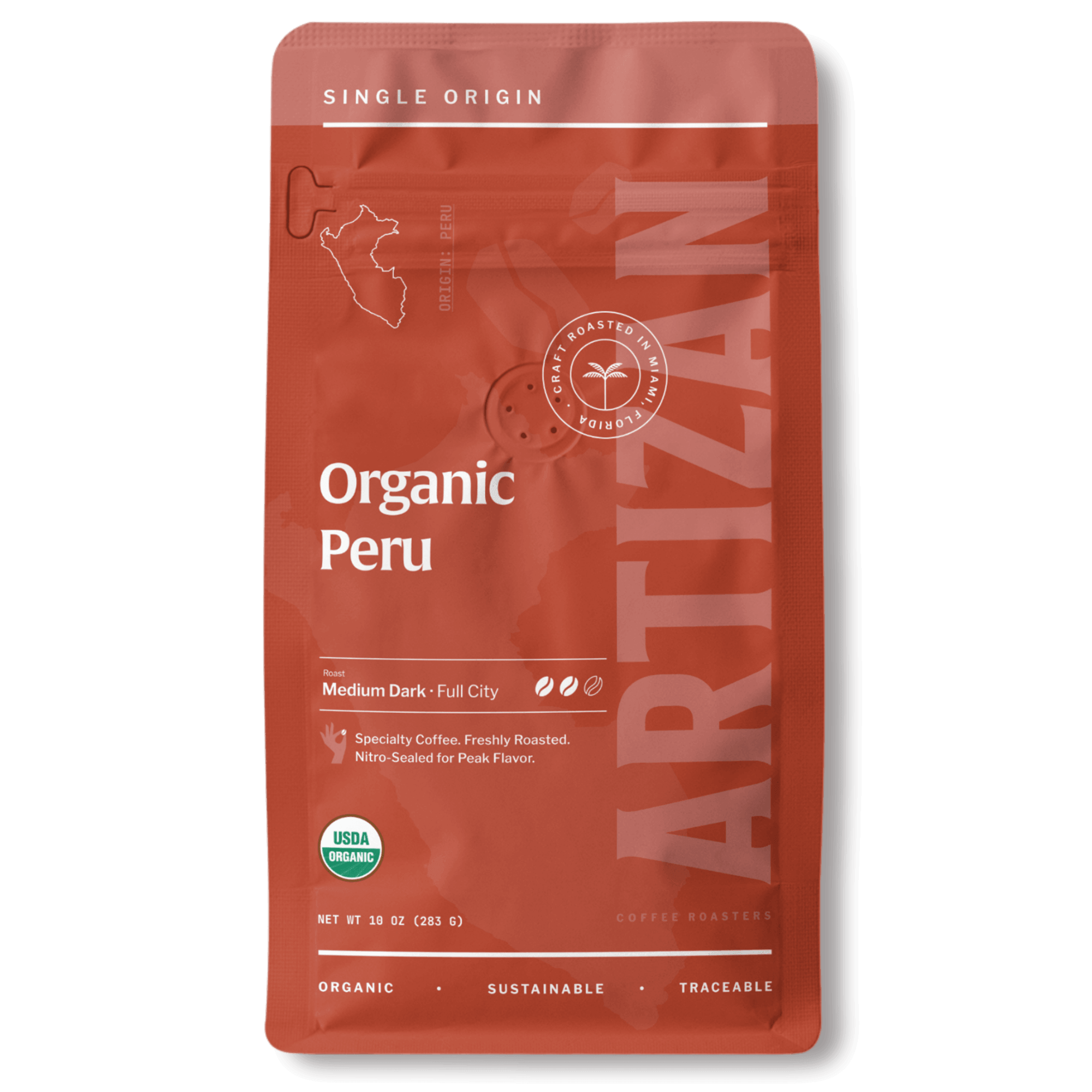 Package of Artizan Coffee Roasters' Organic Peru espresso blend with a description of flavor notes.
