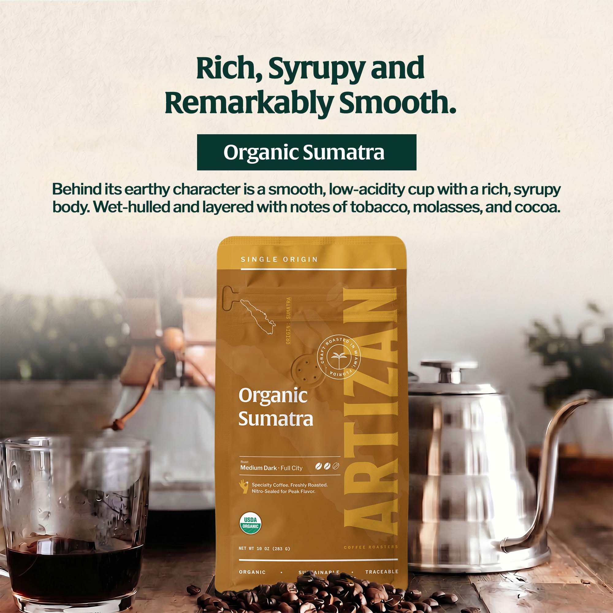 artizan organic Sumatra, organic whole bean coffee 3D
