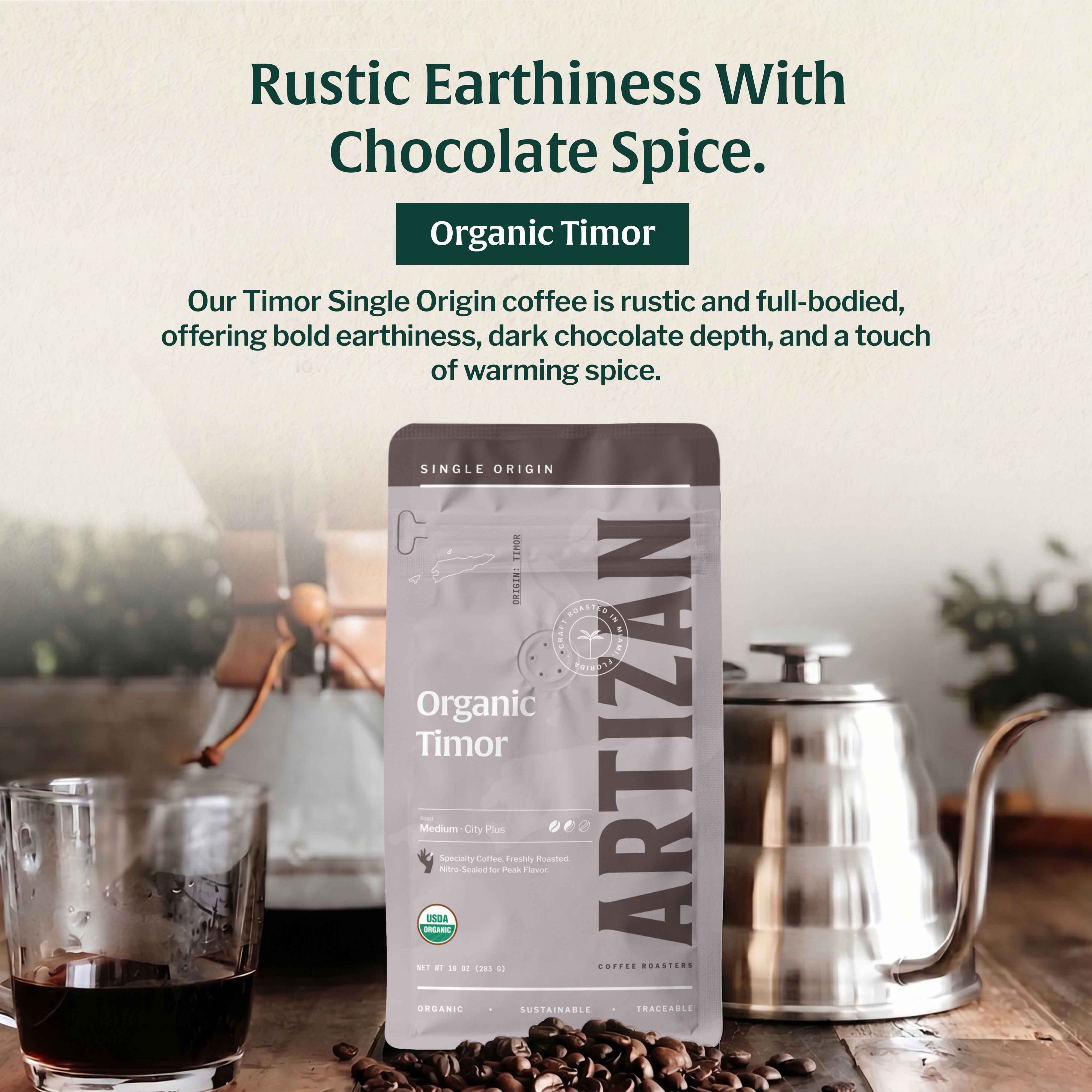 artizan organic timore coffee whole beans & ground coffee front-info-1x1