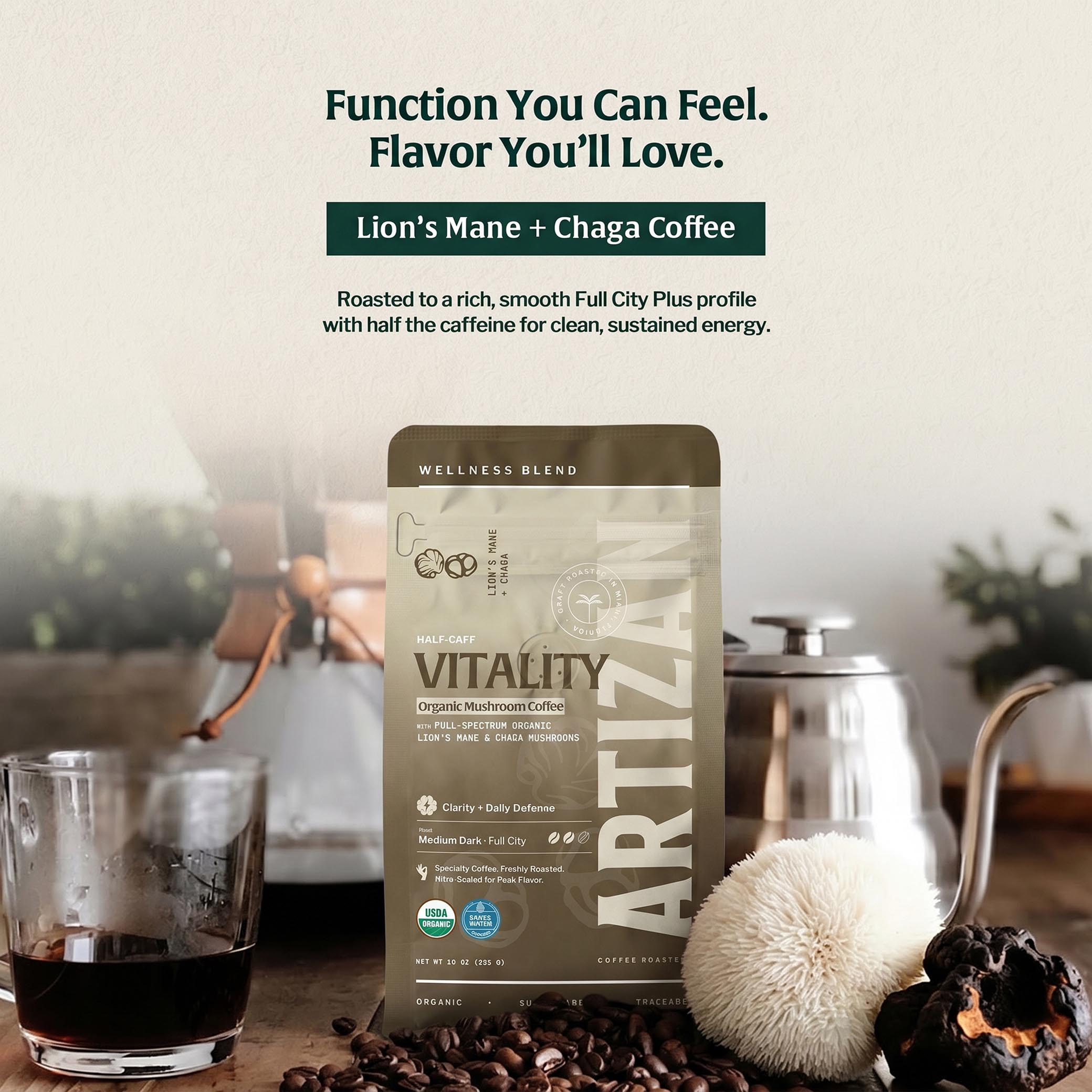 artizan Vitality organic mushroom coffee whole beans & ground coffee front-info-1x1