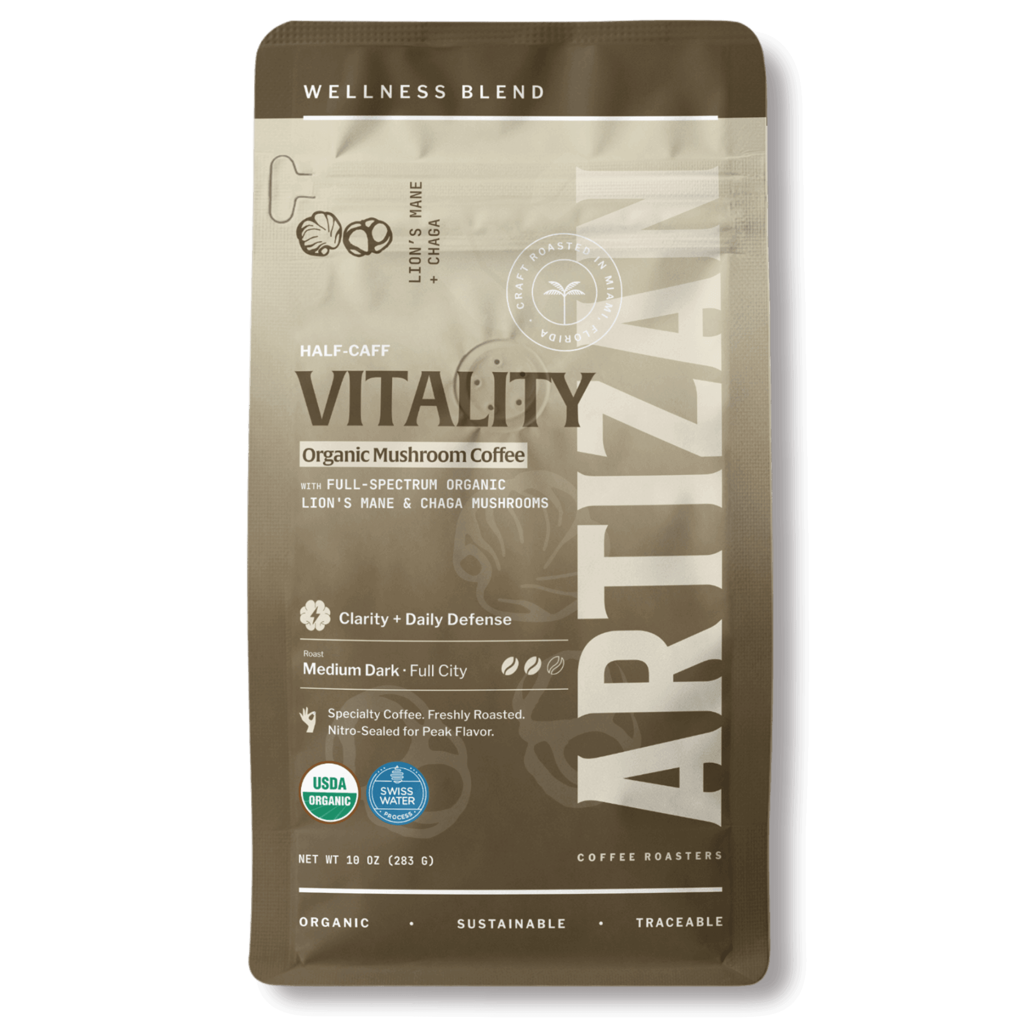 artizan Vitality organic mushroom coffee whole beans & ground coffee front 1x1